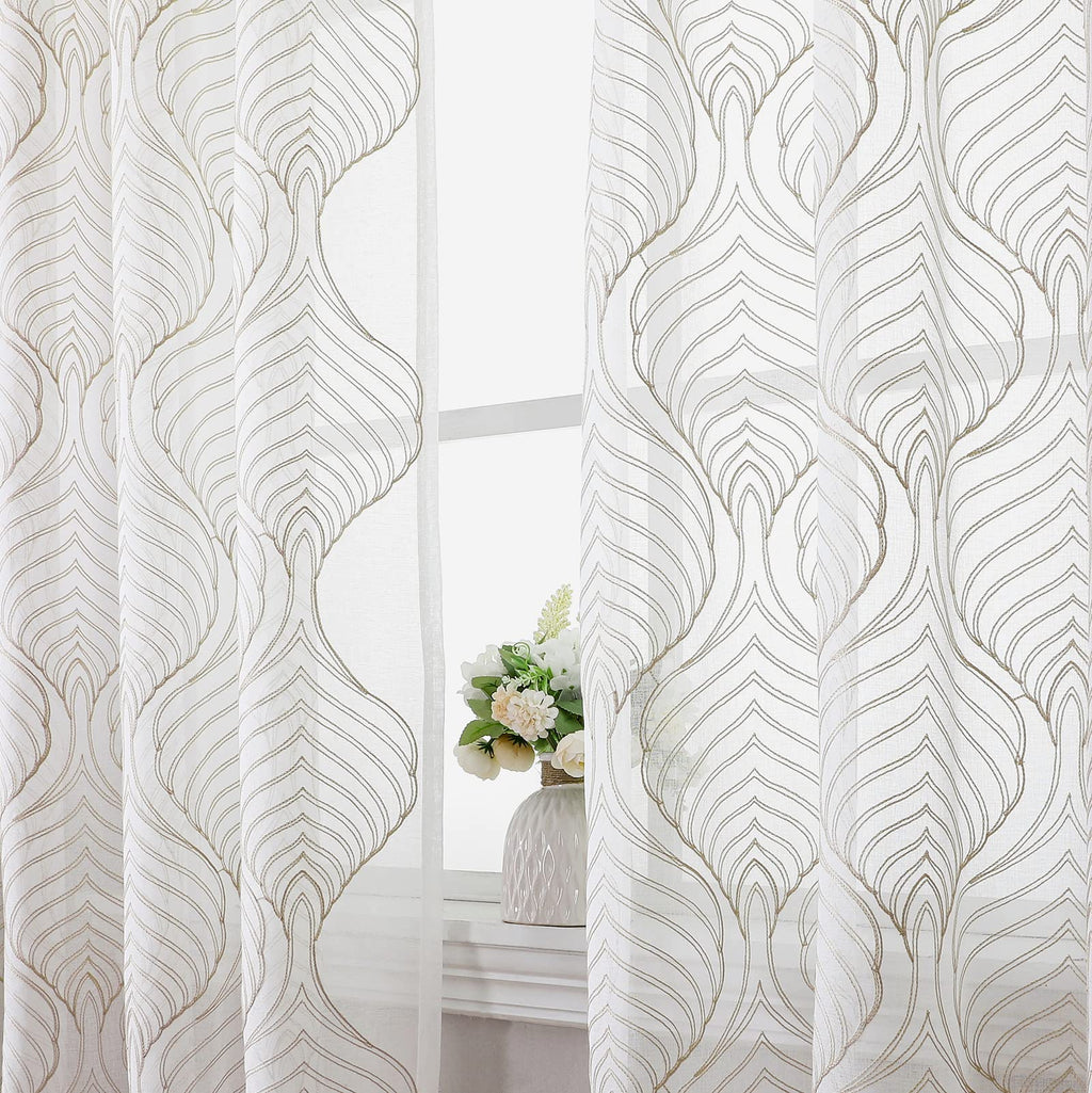 VISIONTEX White Sheer Curtains 84 Inches Long 2 Panels, Light Filtering Grey Moroccan Trellis Embroidered Semi Sheer Voile Drapes, Rod Pocket Textured Window Curtain for Bedroom Living Room 54W x 84L