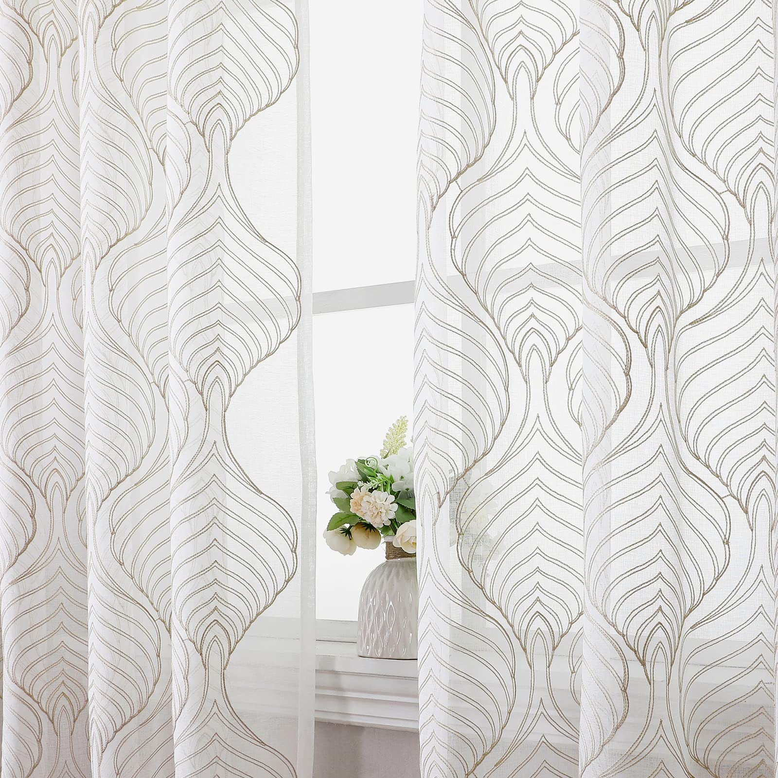 VISIONTEX White Sheer Curtains 84 Inches Long 2 Panels, Light Filtering Grey Moroccan Trellis Embroidered Semi Sheer Voile Drapes, Rod Pocket Textured Window Curtain for Bedroom Living Room 54W x 84L