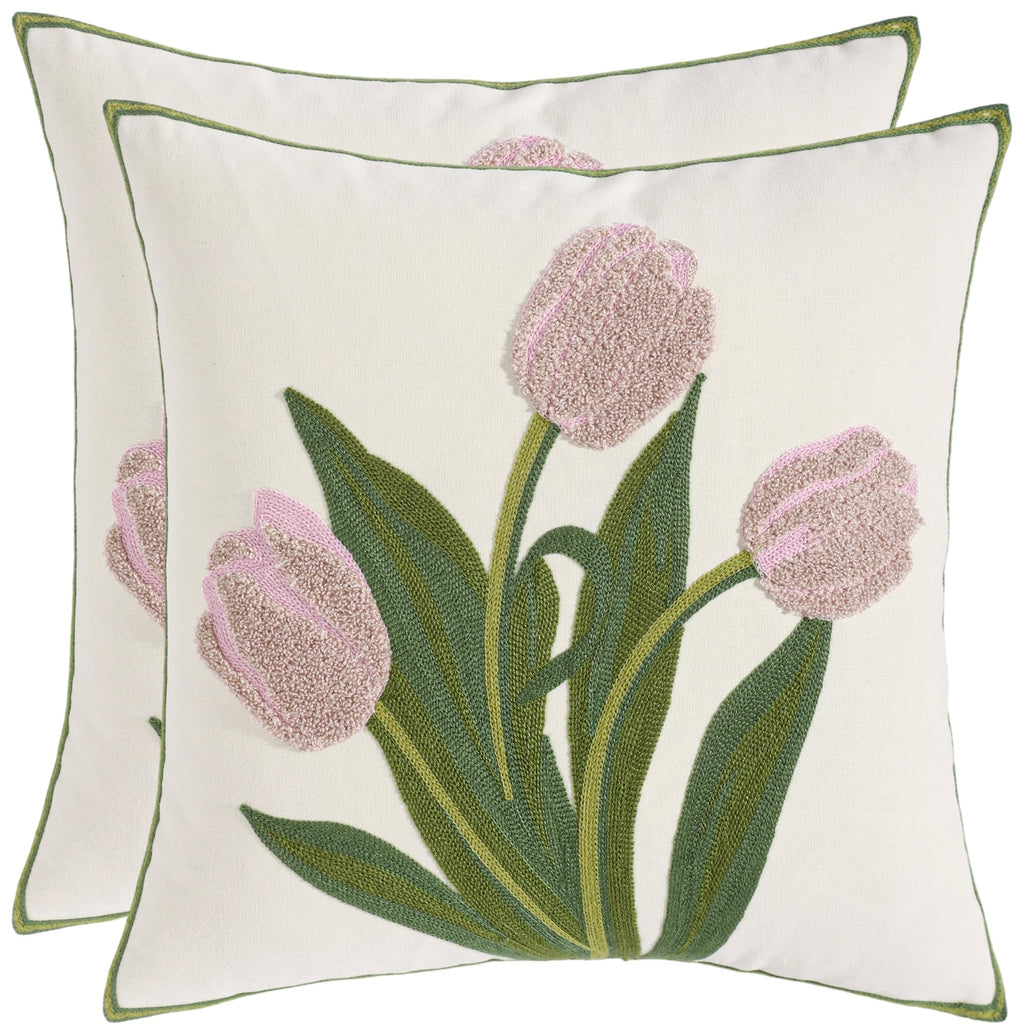 Pack of 2 18x18 Inch Embroidered Pink Tulip Green Leaves Tufted Throw Pillow Covers Square Floral Farmhouse Decor Cushion Cases