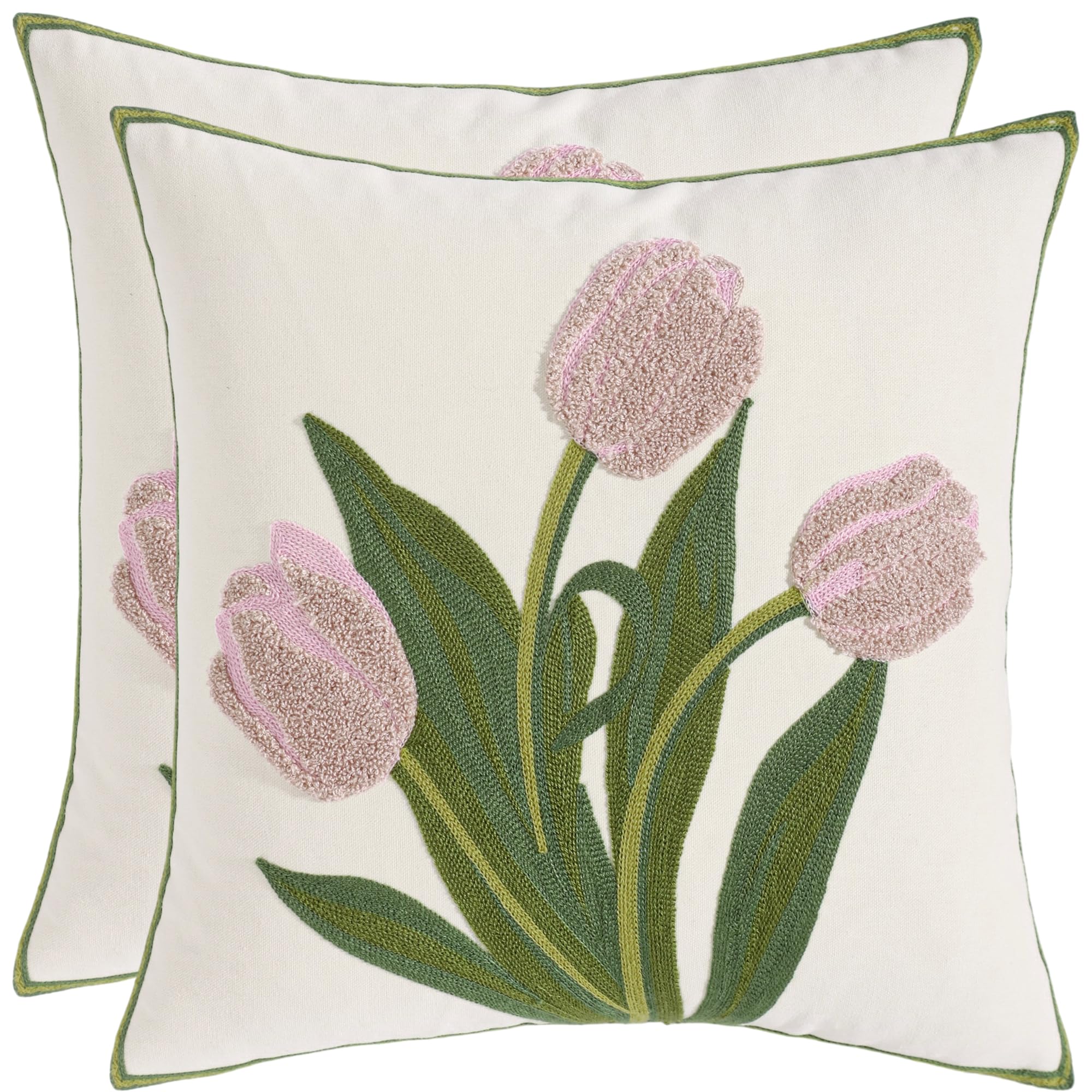 Pack of 2 18x18 Inch Embroidered Pink Tulip Green Leaves Tufted Throw Pillow Covers Square Floral Farmhouse Decor Cushion Cases