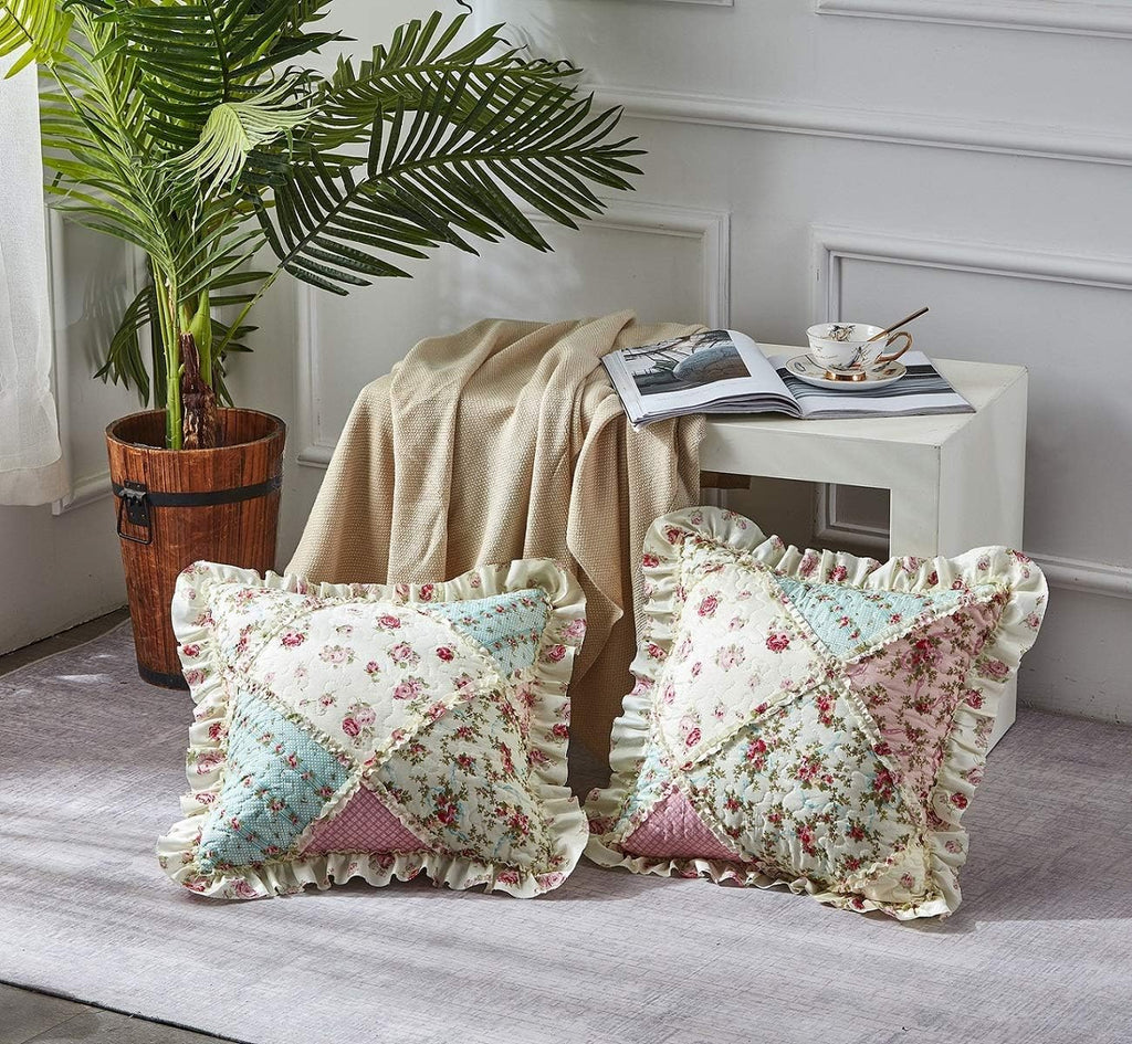 Brilliant Sunshine Pink and Green Rose Patchwork Ruffle Pillowshams, Quilted Decorative Pillow Covers Set, Square Throw Cushion Cases for Couch, Recliner, Armchair, Bed, 18x18, Pack of 2, Pink Green