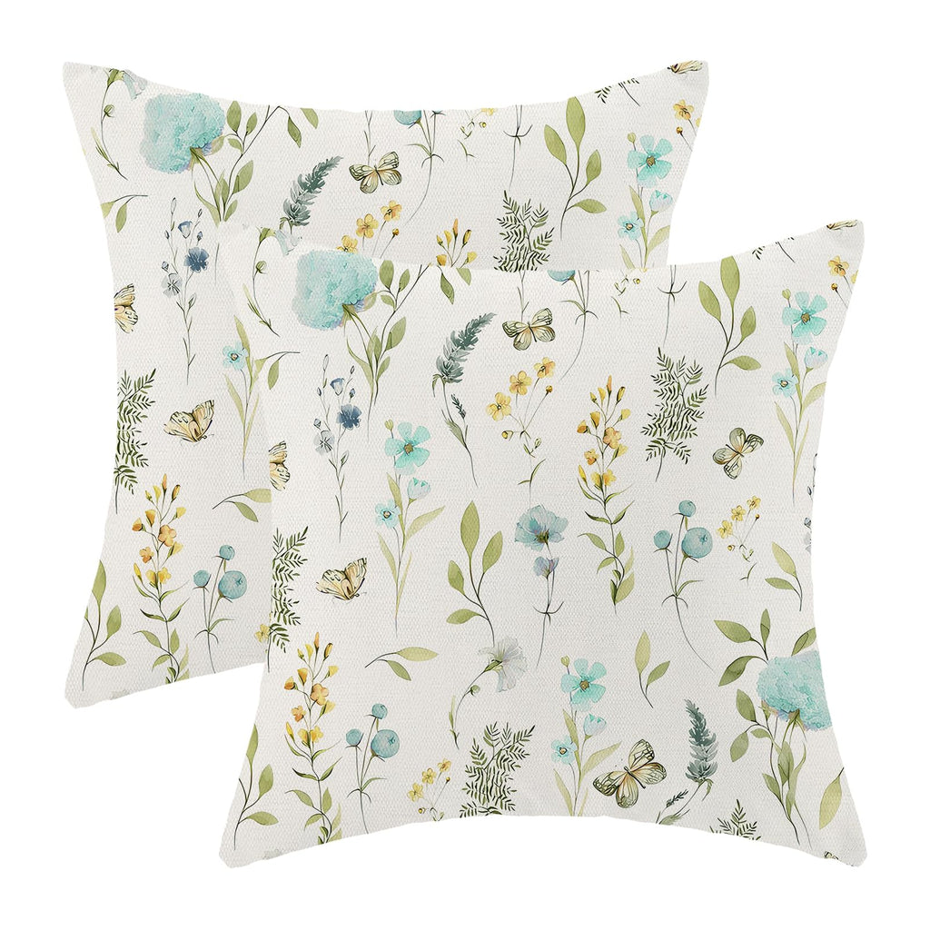 AEIOAE Spring Pillow Covers 18x18 Inch Set of 2,Sage Green Wild Flower Plant Throw Pillows Case,Seasonal Floral Outdoor Decorative Square Linen Farmhouse Decor Cushion Covers for Home Sofa Bed Couch