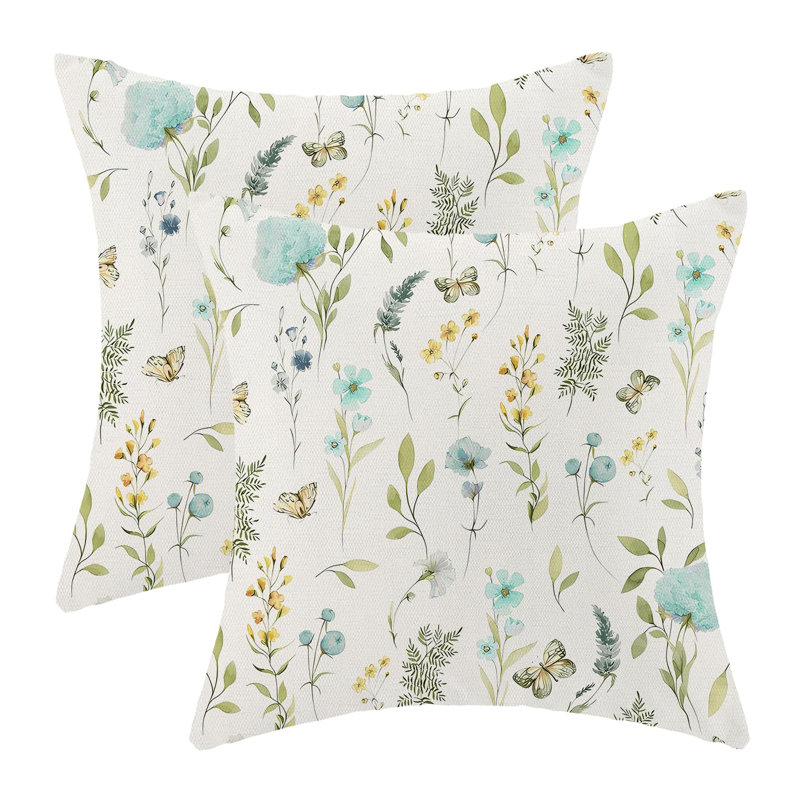 AEIOAE Spring Pillow Covers 18x18 Inch Set of 2,Sage Green Wild Flower Plant Throw Pillows Case,Seasonal Floral Outdoor Decorative Square Linen Farmhouse Decor Cushion Covers for Home Sofa Bed Couch