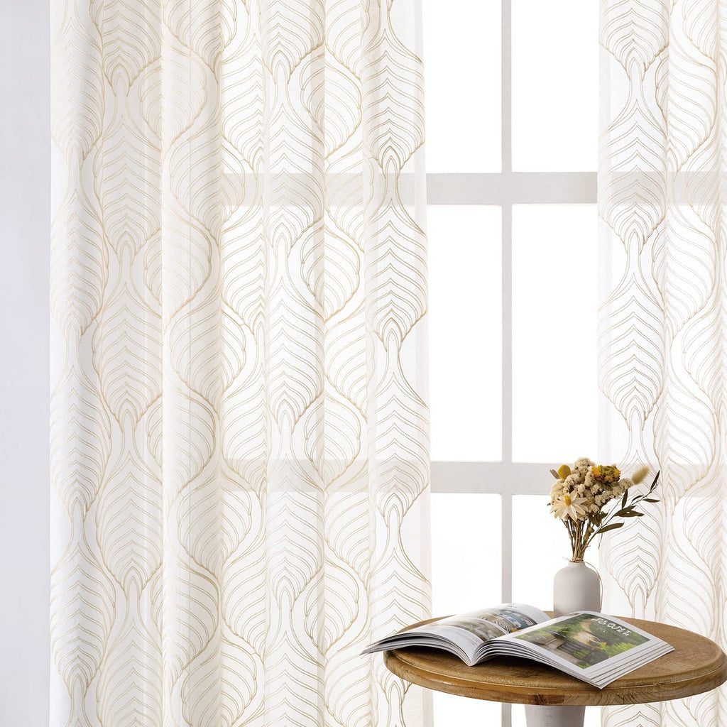 VISIONTEX White Sheer Curtains 84 Inches Long 2 Panels, Light Filtering Grey Moroccan Trellis Embroidered Semi Sheer Voile Drapes, Rod Pocket Textured Window Curtain for Bedroom Living Room 54W x 84L
