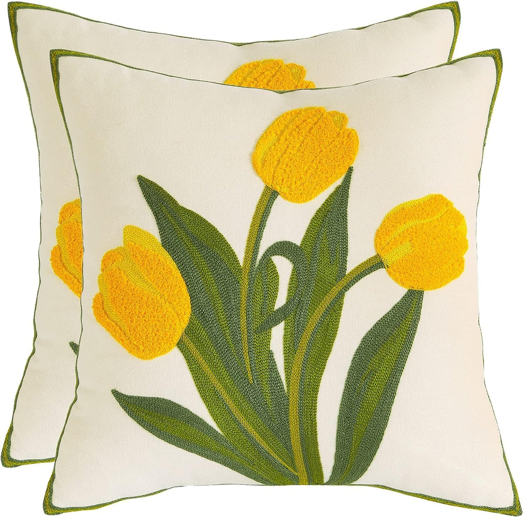 Pack of 2 18x18 Inch Embroidered Pink Tulip Green Leaves Tufted Throw Pillow Covers Square Floral Farmhouse Decor Cushion Cases