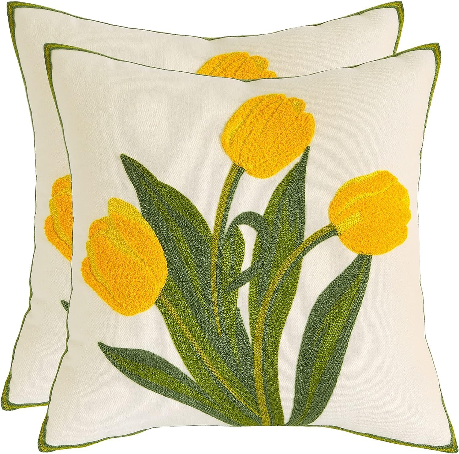 Pack of 2 18x18 Inch Embroidered Pink Tulip Green Leaves Tufted Throw Pillow Covers Square Floral Farmhouse Decor Cushion Cases