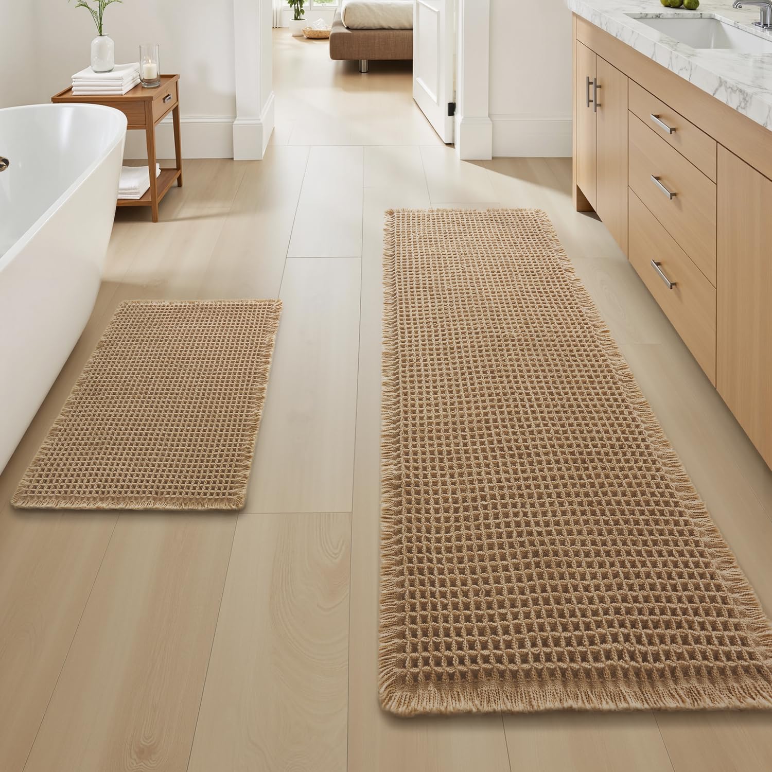 AMOAMI Upgraded Waffle Bath Mat, Super Absorbent Non Slip Bath Mats for Bathroom Floor, Machine Washable Bathroom Rugs with Tassels, Rubber Backed Bathroom Mats, Ultra Soft, 17" x 24", Brown