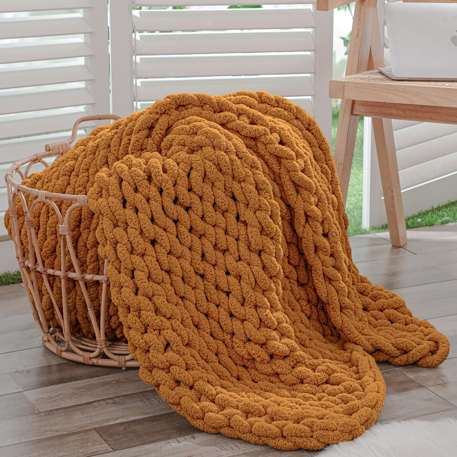 Bigacogo Chunky Knit Throw Blanket for Couch, 40x40 inches, 100% Hand Knitted with Thick Jumbo Chenille Yarn, Cozy Soft Large Rope Knot Cable Crochet Blankets for Sofa Bed Living Room, Dusty Blue