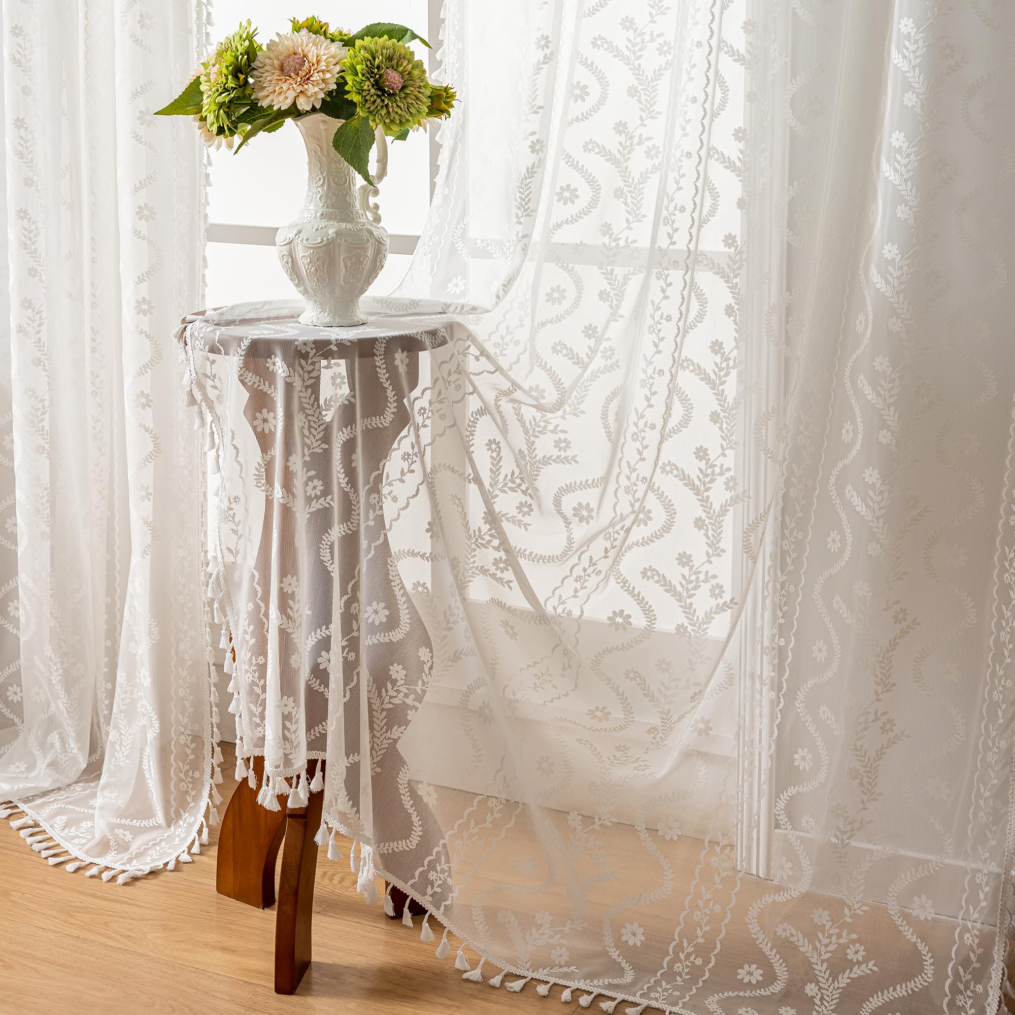 WAZZIO Boho Lace Curtains 2 Panels 84 Inches Long-Cute Vintage Victorian Sheer Panels with French Country Flower Pattern & Tassel Light Filtering Privacy for Bedroom Dining Living Room,Beige