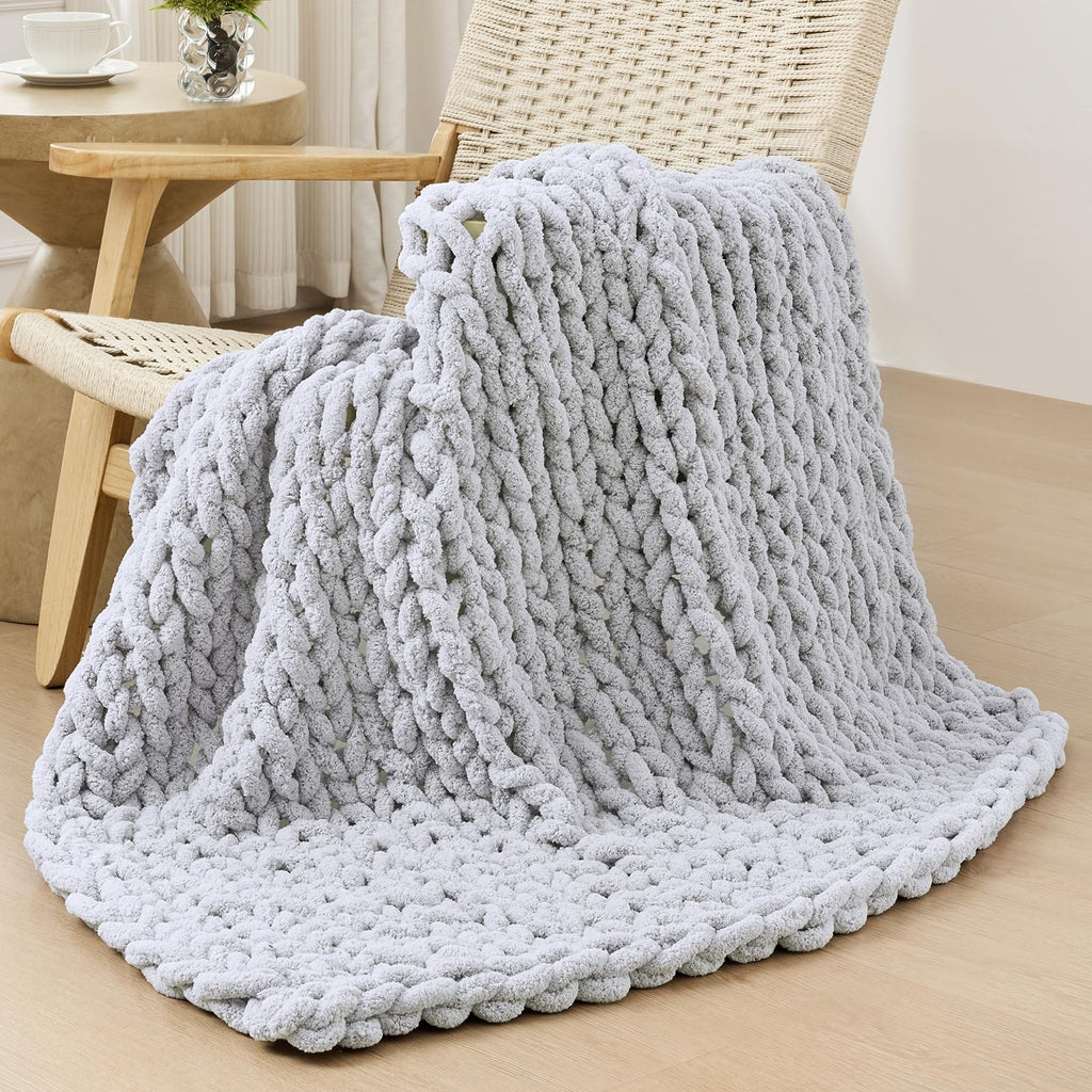 Bigacogo Chunky Knit Throw Blanket for Couch, 40x40 inches, 100% Hand Knitted with Thick Jumbo Chenille Yarn, Cozy Soft Large Rope Knot Cable Crochet Blankets for Sofa Bed Living Room, Dusty Blue