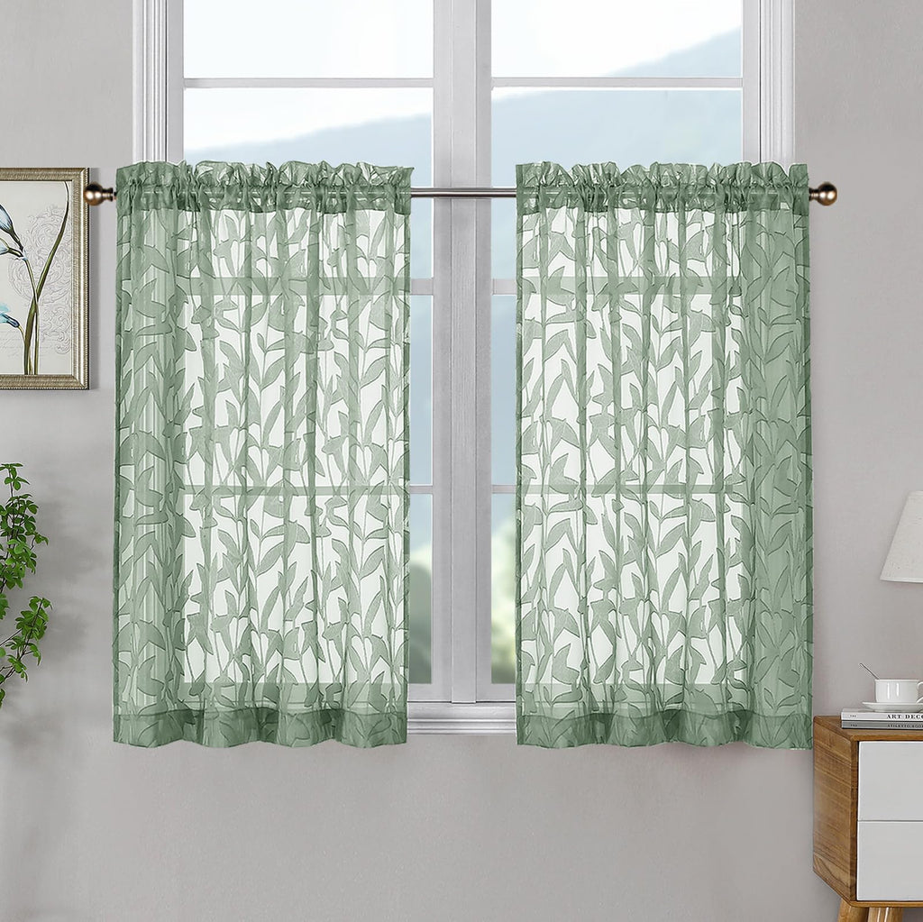 OWENIE Leyna 2 Panels Sage Green Sheer Curtains 63 Inch Length for Bedroom, Soft Lightweight Jacquard Clip Window Curtain for Living Room, Double Rod Pockets Textured Drapes, Each 40Wx63L Inches