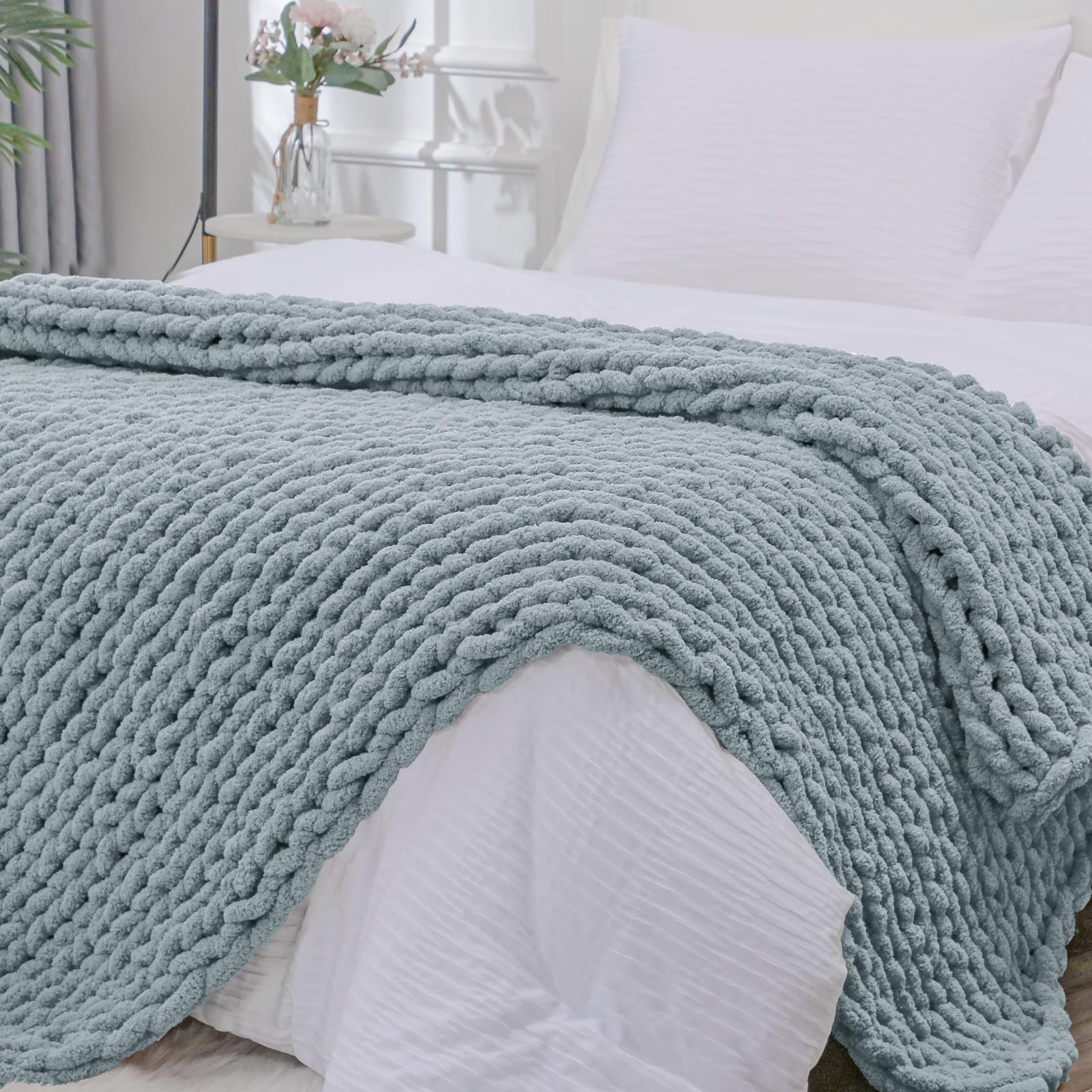 Bigacogo Chunky Knit Throw Blanket for Couch, 40x40 inches, 100% Hand Knitted with Thick Jumbo Chenille Yarn, Cozy Soft Large Rope Knot Cable Crochet Blankets for Sofa Bed Living Room, Dusty Blue