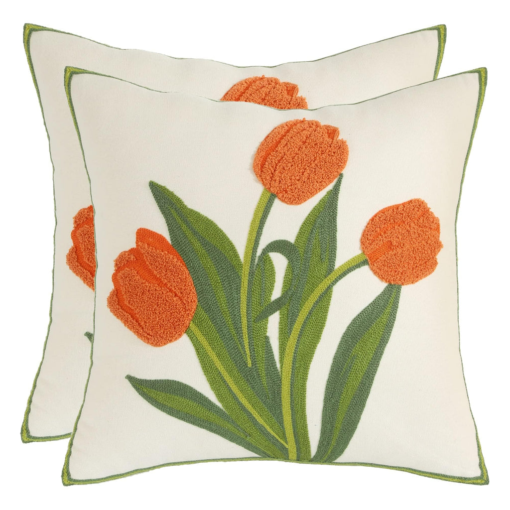 Pack of 2 18x18 Inch Embroidered Pink Tulip Green Leaves Tufted Throw Pillow Covers Square Floral Farmhouse Decor Cushion Cases