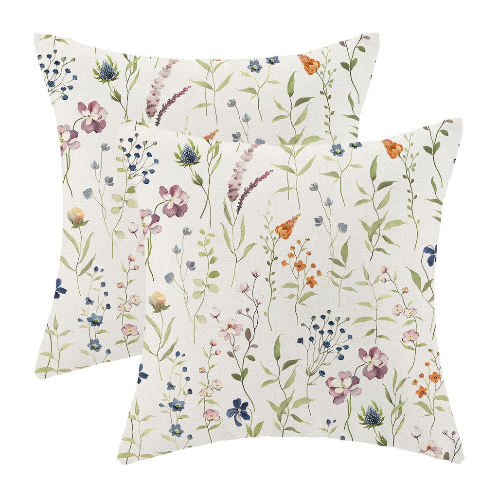 AEIOAE Spring Pillow Covers 18x18 Inch Set of 2,Sage Green Wild Flower Plant Throw Pillows Case,Seasonal Floral Outdoor Decorative Square Linen Farmhouse Decor Cushion Covers for Home Sofa Bed Couch