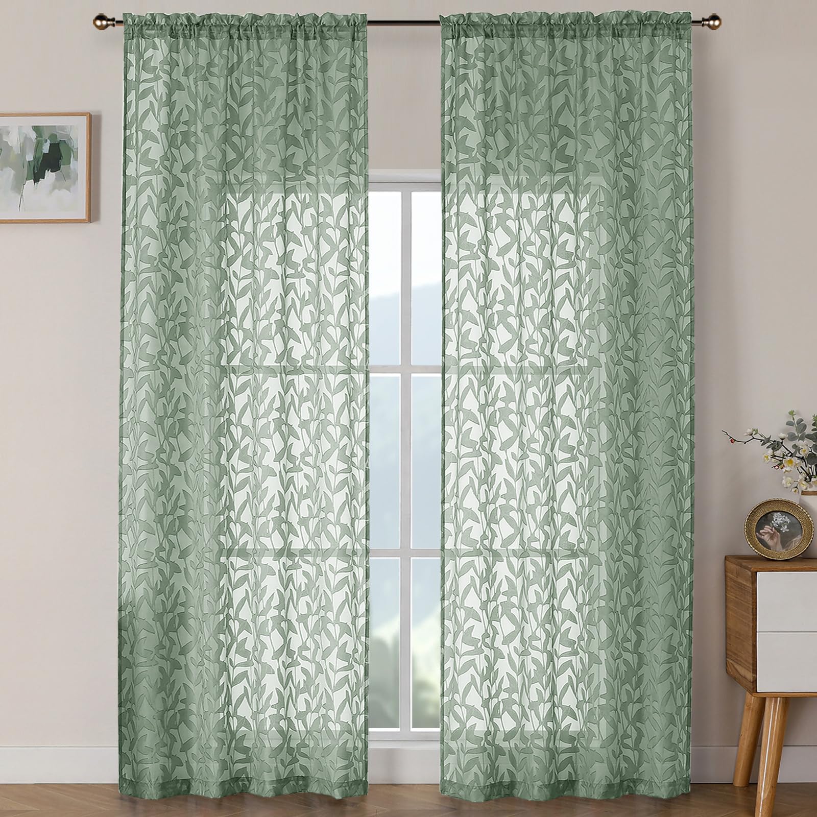 OWENIE Leyna 2 Panels Sage Green Sheer Curtains 63 Inch Length for Bedroom, Soft Lightweight Jacquard Clip Window Curtain for Living Room, Double Rod Pockets Textured Drapes, Each 40Wx63L Inches
