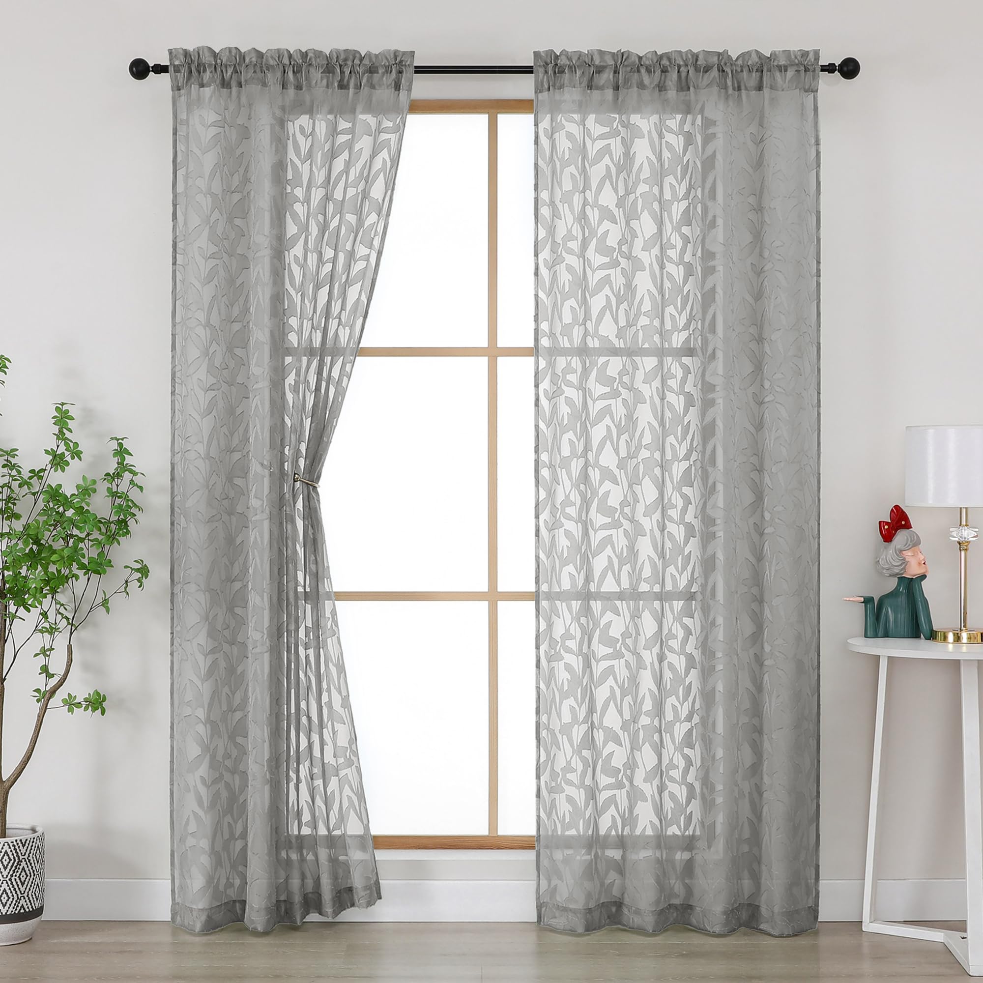 Gwine Sage Green Curtains 84 Inches Long 2 Panels Set, Light Filtering Soft Lightweight Sheer Curtains, Leaf Clip Jacquard Textured Curtain for Bedroom Living Room, 42Wx84L Inches, 2PCS