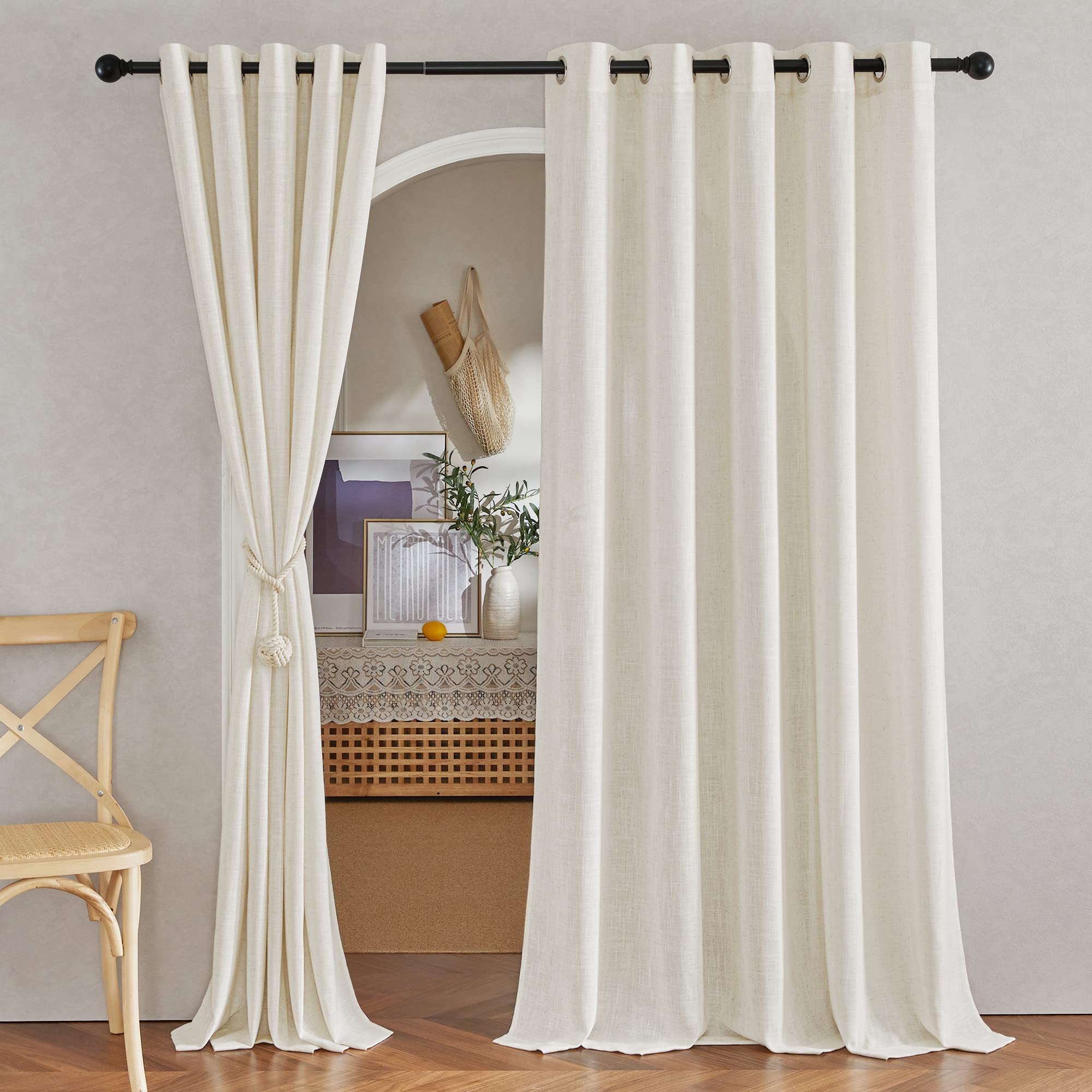 NICETOWN Linen Textured Semi Sheer Curtains 84 inches Length, Eyelet Top Bedroom Window Privacy Translucent Light Filtering Flax Sheer Drapes for Guest Room, 52 inches Wide, 2 Panels, Sea Mist