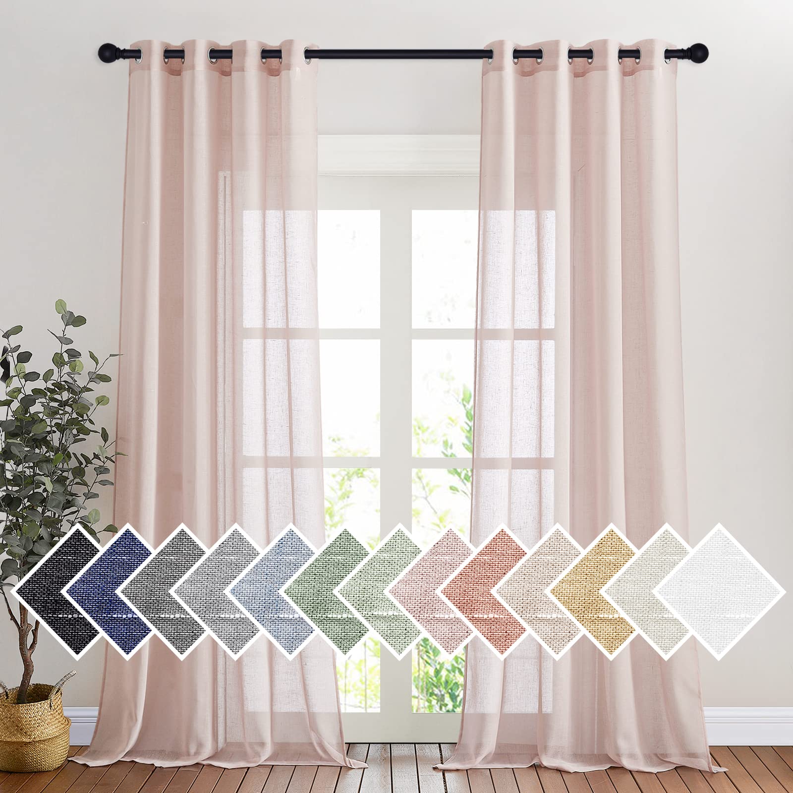 NICETOWN Linen Textured Semi Sheer Curtains 84 inches Length, Eyelet Top Bedroom Window Privacy Translucent Light Filtering Flax Sheer Drapes for Guest Room, 52 inches Wide, 2 Panels, Sea Mist