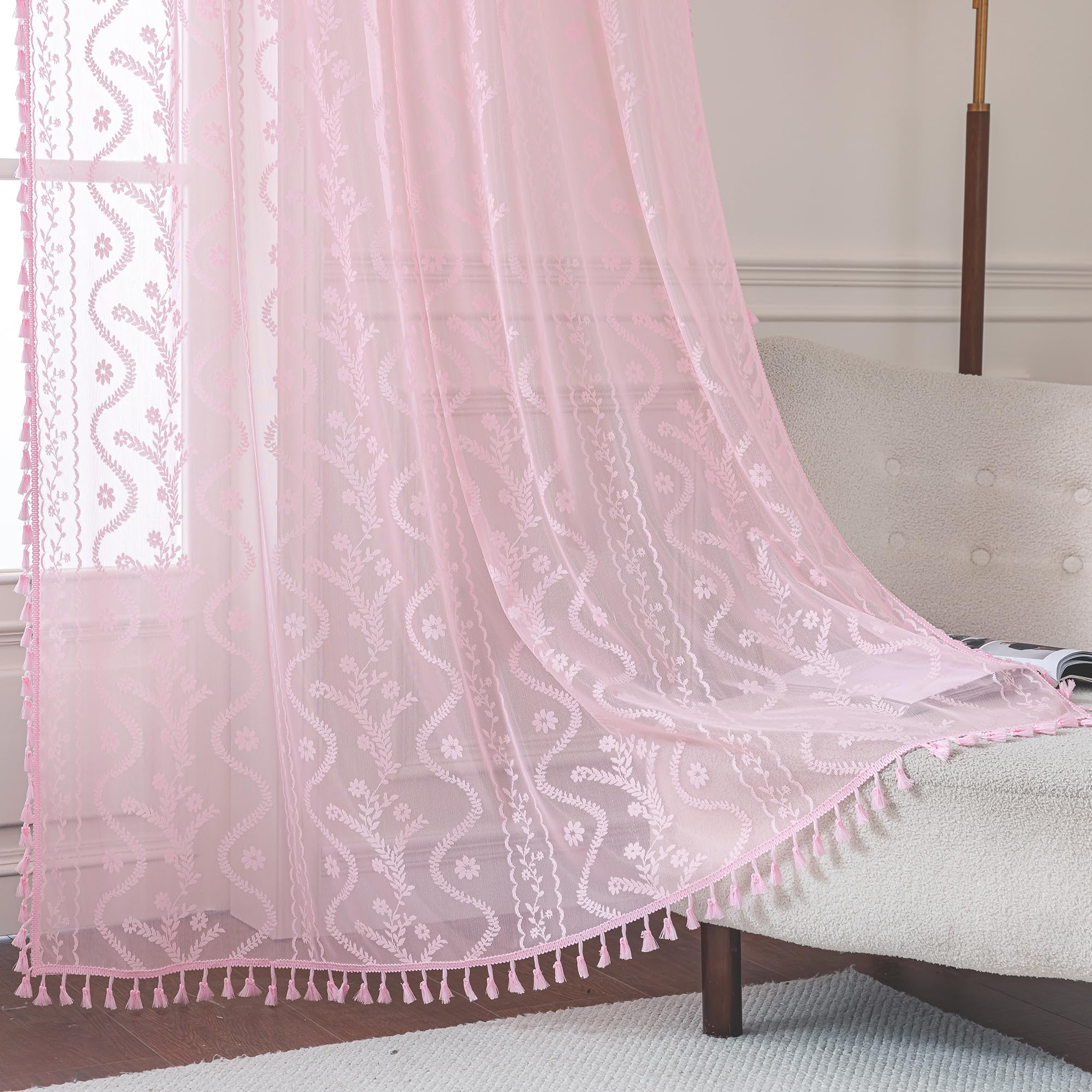 WAZZIO Boho Lace Curtains 2 Panels 84 Inches Long-Cute Vintage Victorian Sheer Panels with French Country Flower Pattern & Tassel Light Filtering Privacy for Bedroom Dining Living Room,Beige