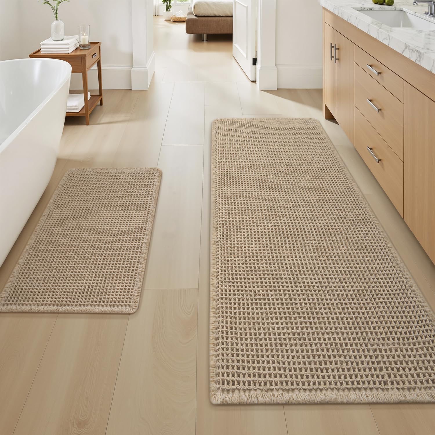 AMOAMI Upgraded Waffle Bath Mat, Super Absorbent Non Slip Bath Mats for Bathroom Floor, Machine Washable Bathroom Rugs with Tassels, Rubber Backed Bathroom Mats, Ultra Soft, 17" x 24", Brown