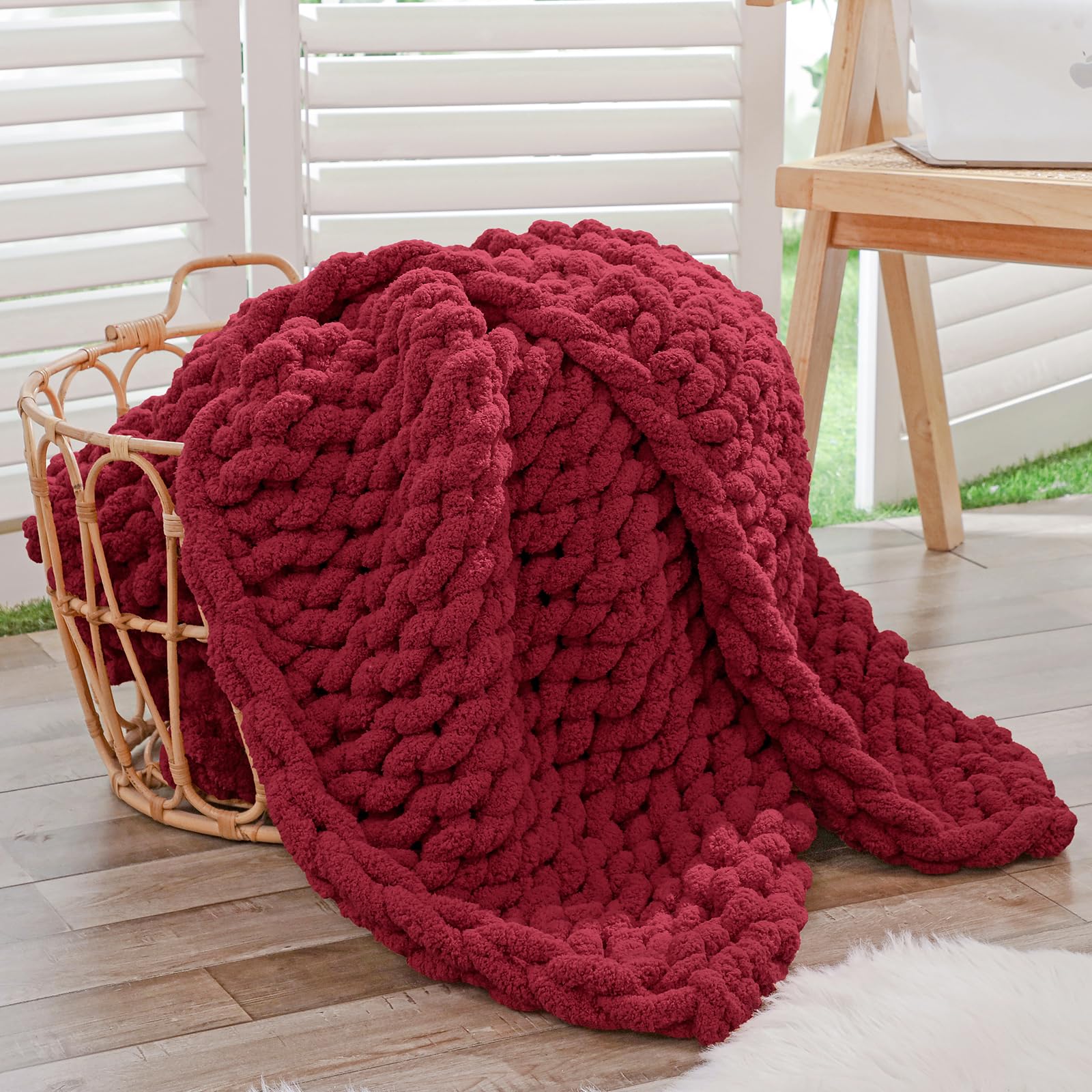 Bigacogo Chunky Knit Throw Blanket for Couch, 40x40 inches, 100% Hand Knitted with Thick Jumbo Chenille Yarn, Cozy Soft Large Rope Knot Cable Crochet Blankets for Sofa Bed Living Room, Dusty Blue