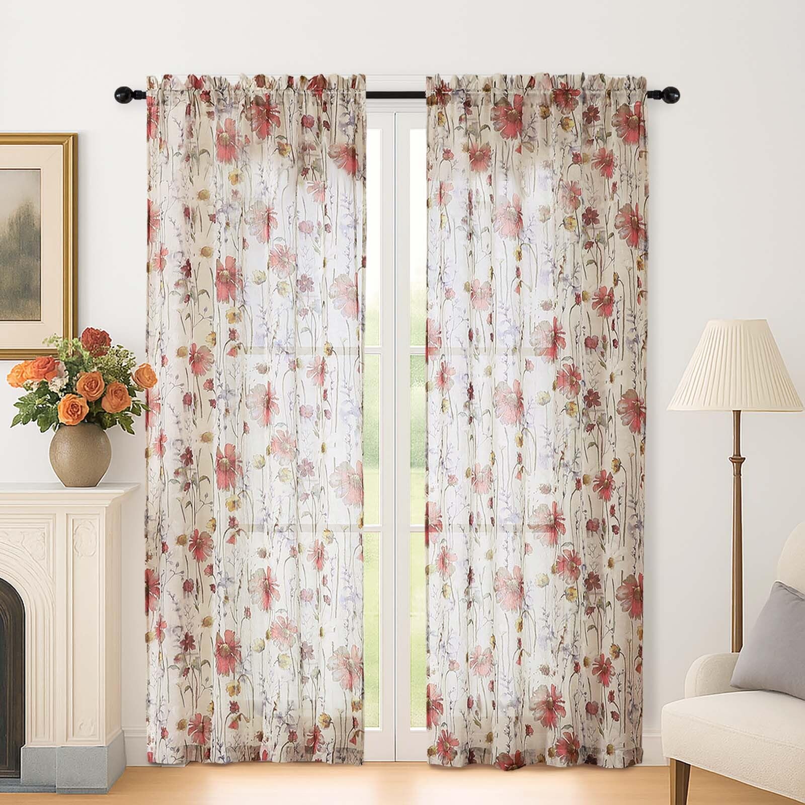 Lecloud Crushed Sheer Curtains 84 Inches Long 2 Panels, Airy Light Filtering Voile Floral Curtains for Living Room, Rod Pocket Romantic Window Curtain Drapes for Bedroom Dining Room, 42" W x 84" L