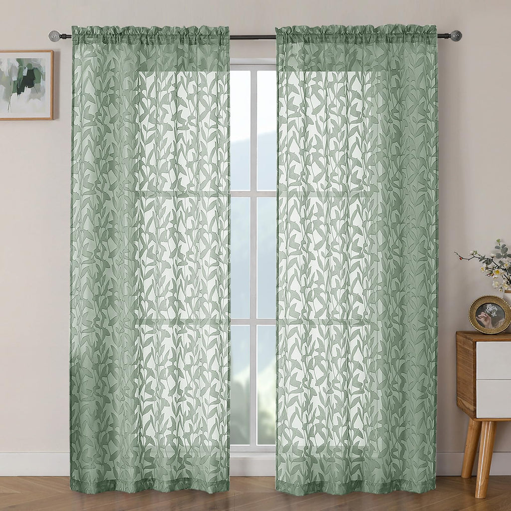 OWENIE Leyna 2 Panels Sage Green Sheer Curtains 63 Inch Length for Bedroom, Soft Lightweight Jacquard Clip Window Curtain for Living Room, Double Rod Pockets Textured Drapes, Each 40Wx63L Inches