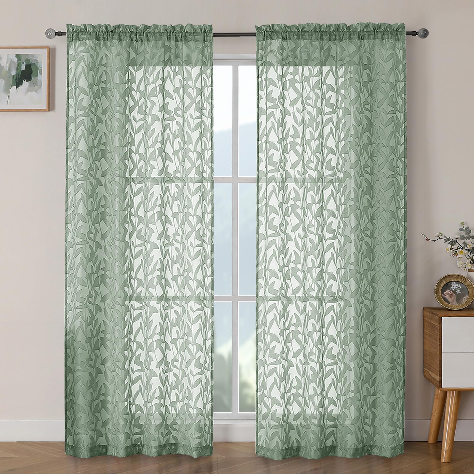 OWENIE Leyna 2 Panels Sage Green Sheer Curtains 63 Inch Length for Bedroom, Soft Lightweight Jacquard Clip Window Curtain for Living Room, Double Rod Pockets Textured Drapes, Each 40Wx63L Inches