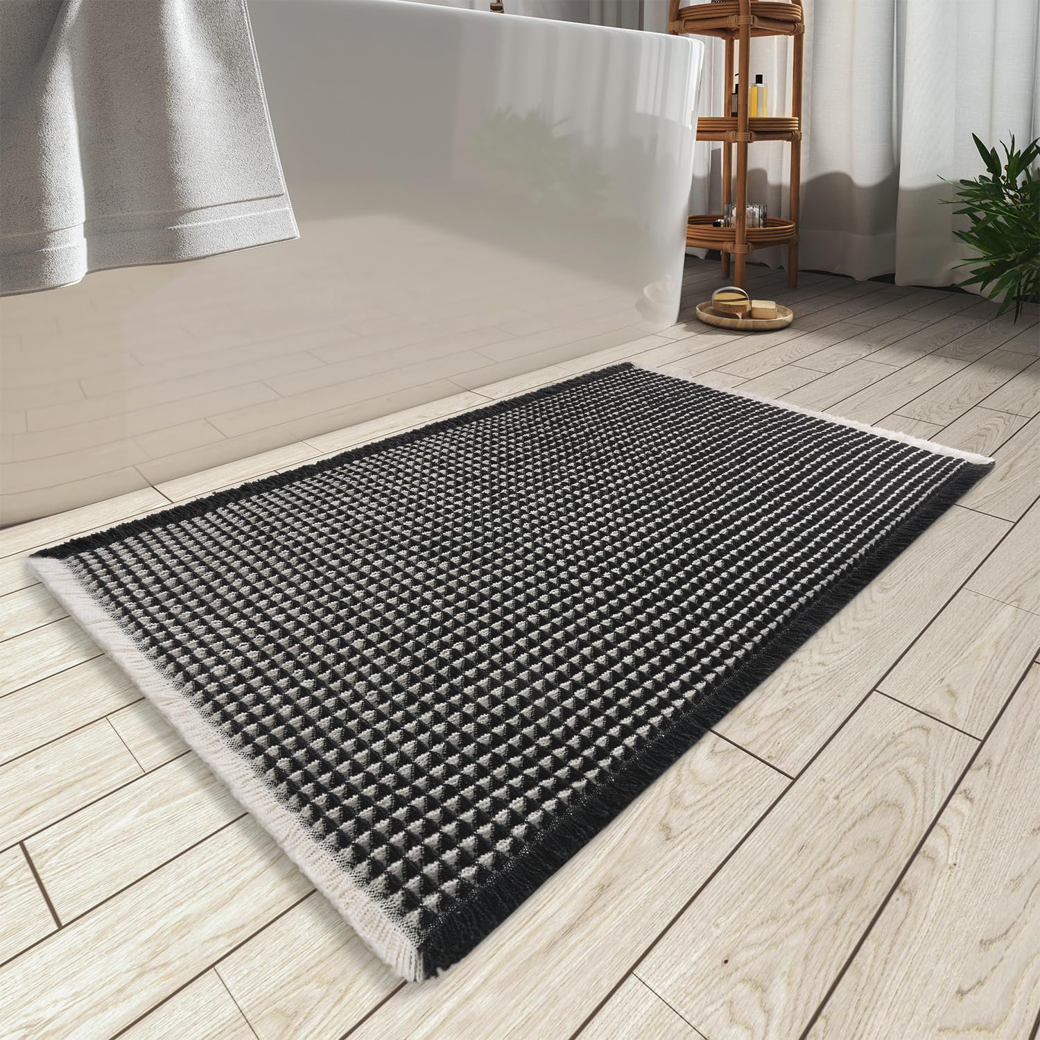 AMOAMI Upgraded Waffle Bath Mat, Super Absorbent Non Slip Bath Mats for Bathroom Floor, Machine Washable Bathroom Rugs with Tassels, Rubber Backed Bathroom Mats, Ultra Soft, 17" x 24", Brown