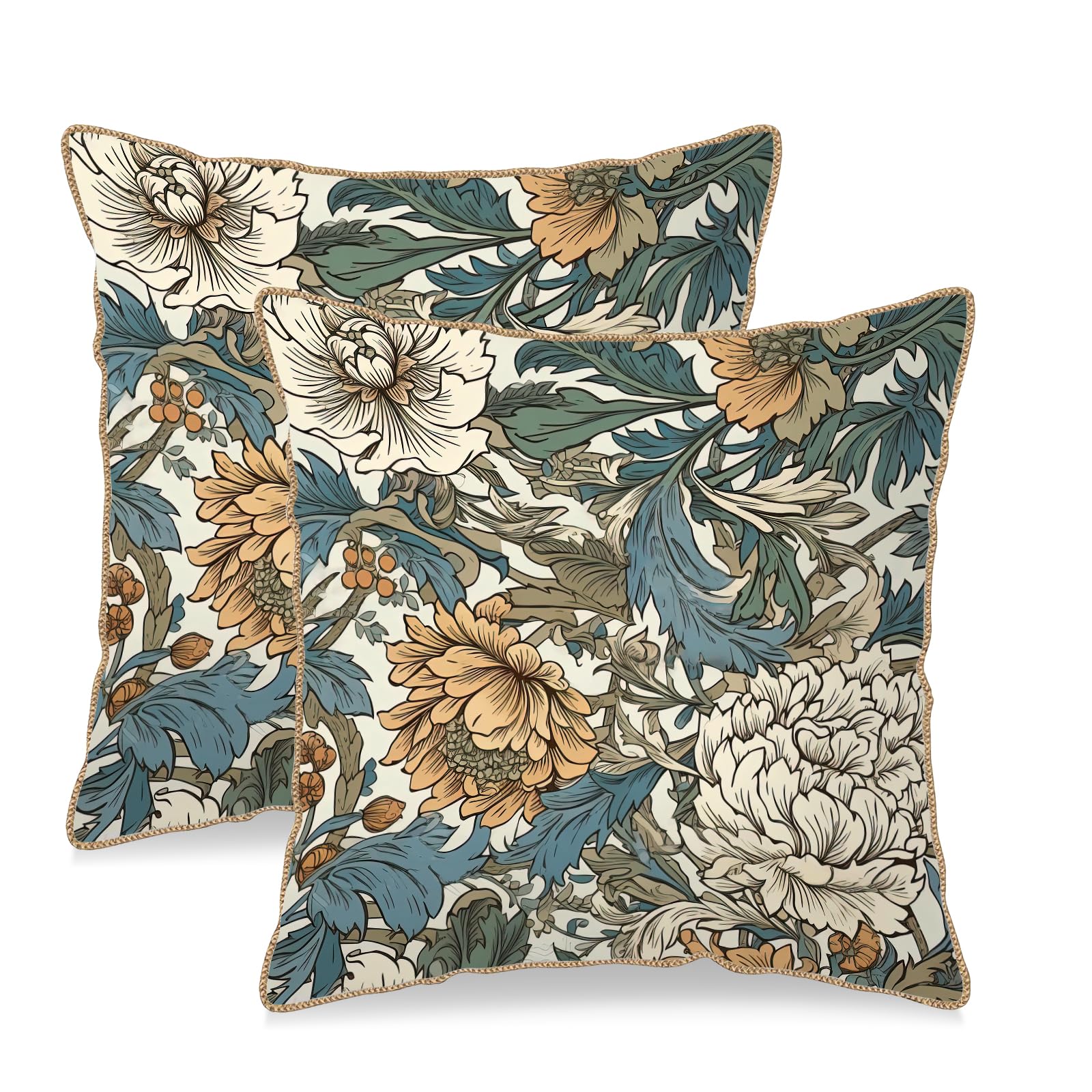 Vintage Floral Soft Velvet Throw Pillow Covers Set of 2 Burnt Orange Navy Flowers Plant Decorative Pillow Covers 18x18 Inch Art Botanical Pillow Case For Sofa Couch Outdoor Farmhouse Home Decor