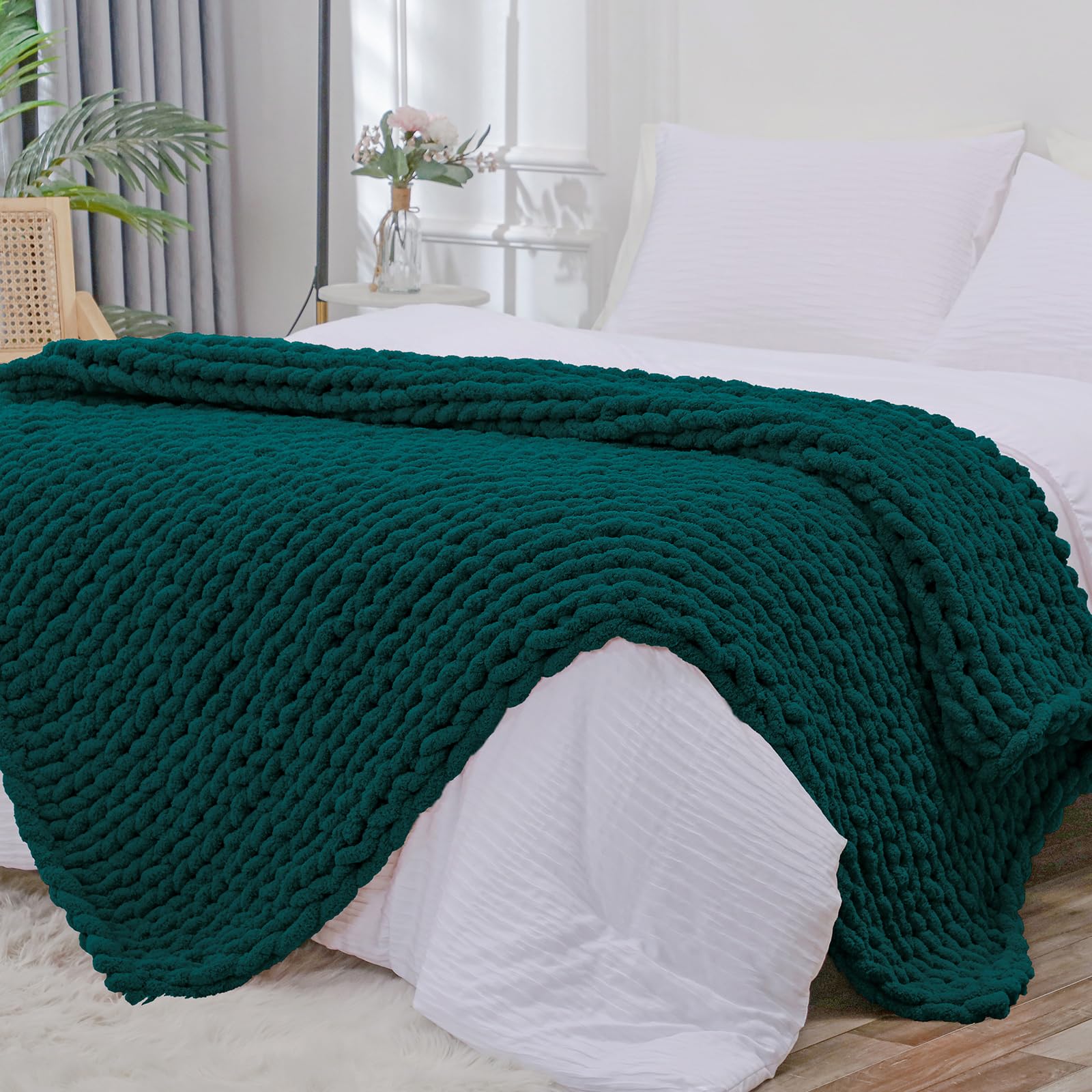 Bigacogo Chunky Knit Throw Blanket for Couch, 40x40 inches, 100% Hand Knitted with Thick Jumbo Chenille Yarn, Cozy Soft Large Rope Knot Cable Crochet Blankets for Sofa Bed Living Room, Dusty Blue
