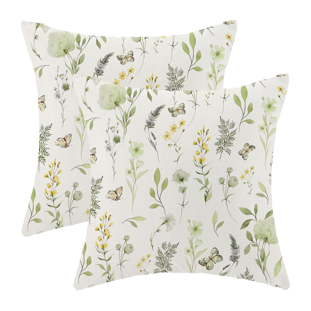 AEIOAE Spring Pillow Covers 18x18 Inch Set of 2,Sage Green Wild Flower Plant Throw Pillows Case,Seasonal Floral Outdoor Decorative Square Linen Farmhouse Decor Cushion Covers for Home Sofa Bed Couch
