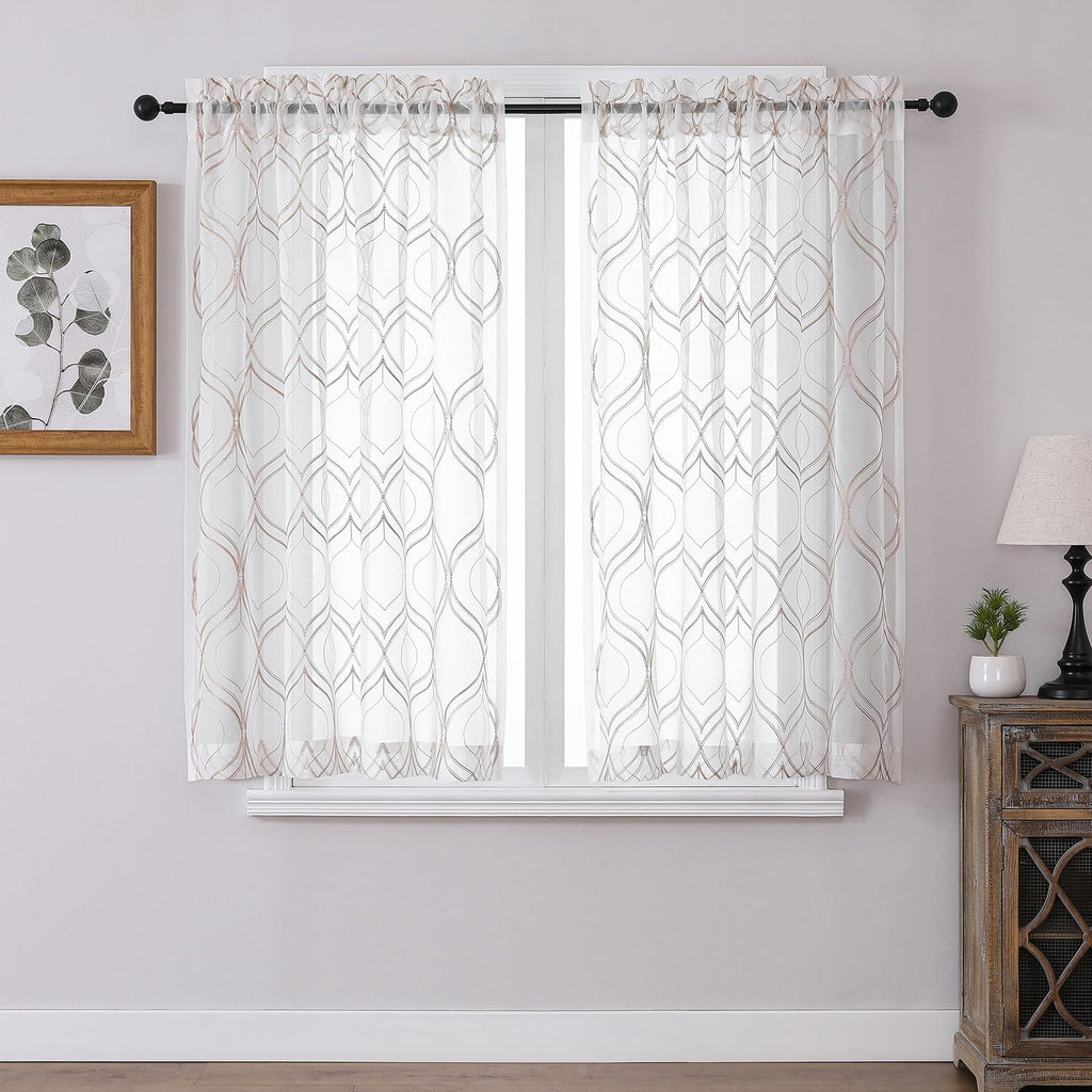 VISIONTEX White Sheer Curtains 84 Inches Long 2 Panels, Light Filtering Grey Moroccan Trellis Embroidered Semi Sheer Voile Drapes, Rod Pocket Textured Window Curtain for Bedroom Living Room 54W x 84L