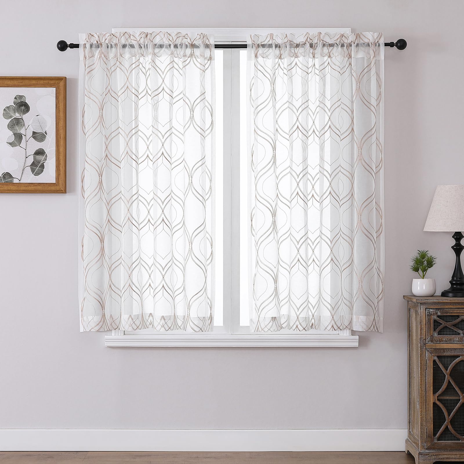 VISIONTEX White Sheer Curtains 84 Inches Long 2 Panels, Light Filtering Grey Moroccan Trellis Embroidered Semi Sheer Voile Drapes, Rod Pocket Textured Window Curtain for Bedroom Living Room 54W x 84L