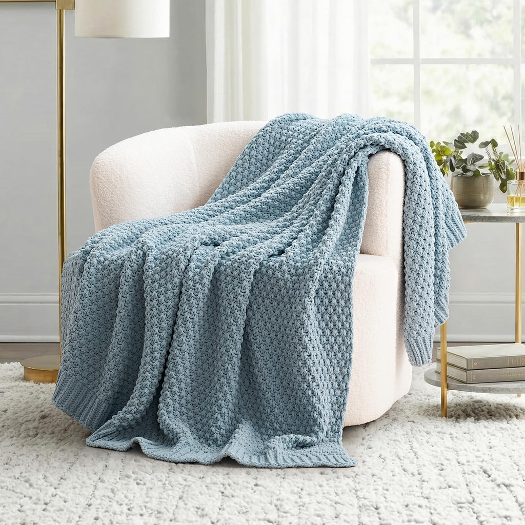 EVERGRACEHOME Chunky Chenille Knit Throw Blanket for Couch, Soft Luxurious Moss Stitch Blankets for Bed, Cozy Decorative Farmhouse Knitted Throws for Sofa, Sand Dune, 60" x 80"