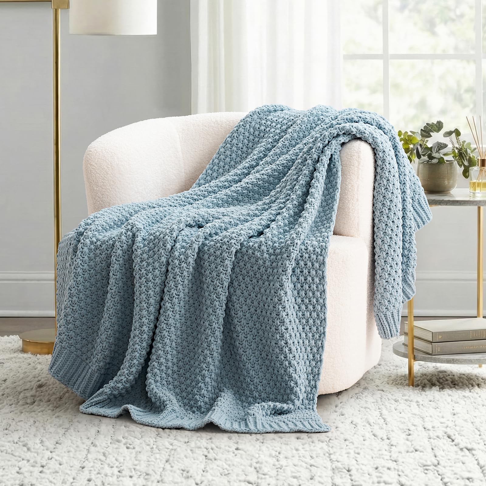 EVERGRACEHOME Chunky Chenille Knit Throw Blanket for Couch, Soft Luxurious Moss Stitch Blankets for Bed, Cozy Decorative Farmhouse Knitted Throws for Sofa, Sand Dune, 60" x 80"