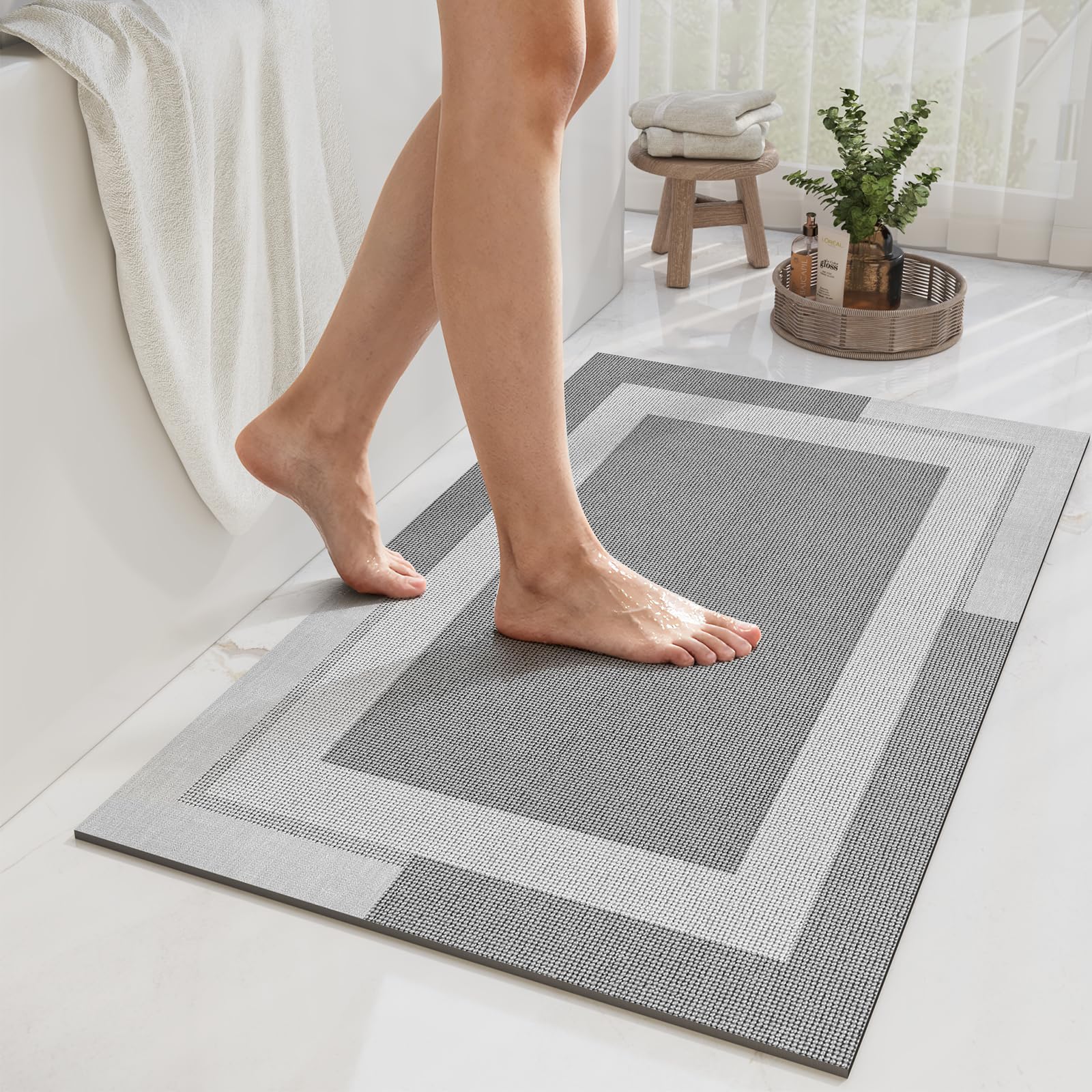 YDKGL Non Slip Bath Mat, Rubber Backing Ultra Thin Bathroom Rugs Fit Under Door Quick Dry Super Absorbent Washable Bath Rug Shower Mat for Bathroom Floor Bathtub Shower Sink, Easy Care Gray 16"x 24"