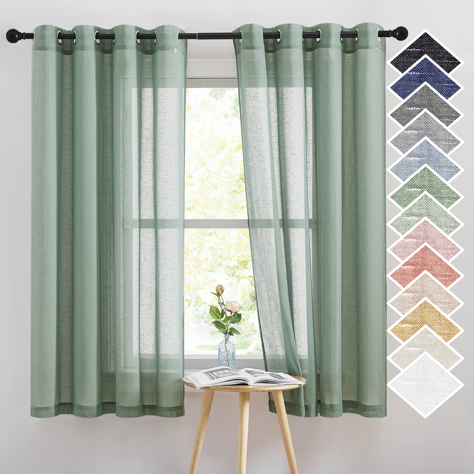 NICETOWN Linen Textured Semi Sheer Curtains 84 inches Length, Eyelet Top Bedroom Window Privacy Translucent Light Filtering Flax Sheer Drapes for Guest Room, 52 inches Wide, 2 Panels, Sea Mist