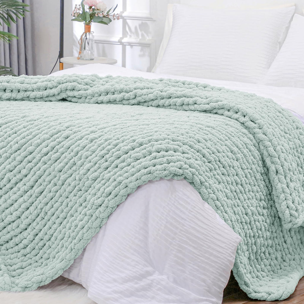 Bigacogo Chunky Knit Throw Blanket for Couch, 40x40 inches, 100% Hand Knitted with Thick Jumbo Chenille Yarn, Cozy Soft Large Rope Knot Cable Crochet Blankets for Sofa Bed Living Room, Dusty Blue