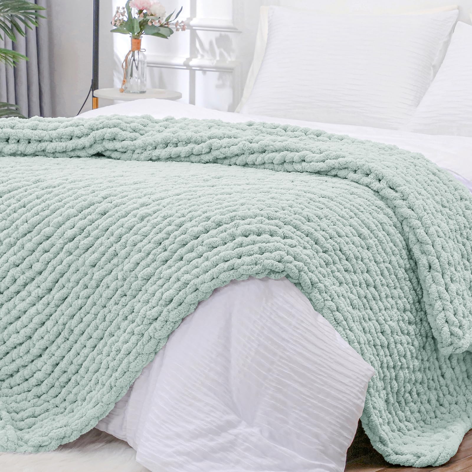 Bigacogo Chunky Knit Throw Blanket for Couch, 40x40 inches, 100% Hand Knitted with Thick Jumbo Chenille Yarn, Cozy Soft Large Rope Knot Cable Crochet Blankets for Sofa Bed Living Room, Dusty Blue