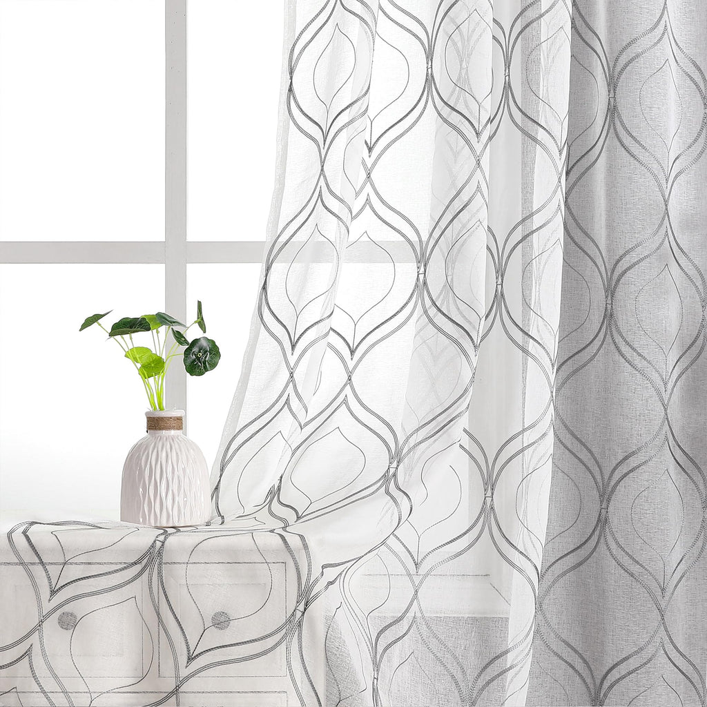 VISIONTEX White Sheer Curtains 84 Inches Long 2 Panels, Light Filtering Grey Moroccan Trellis Embroidered Semi Sheer Voile Drapes, Rod Pocket Textured Window Curtain for Bedroom Living Room 54W x 84L