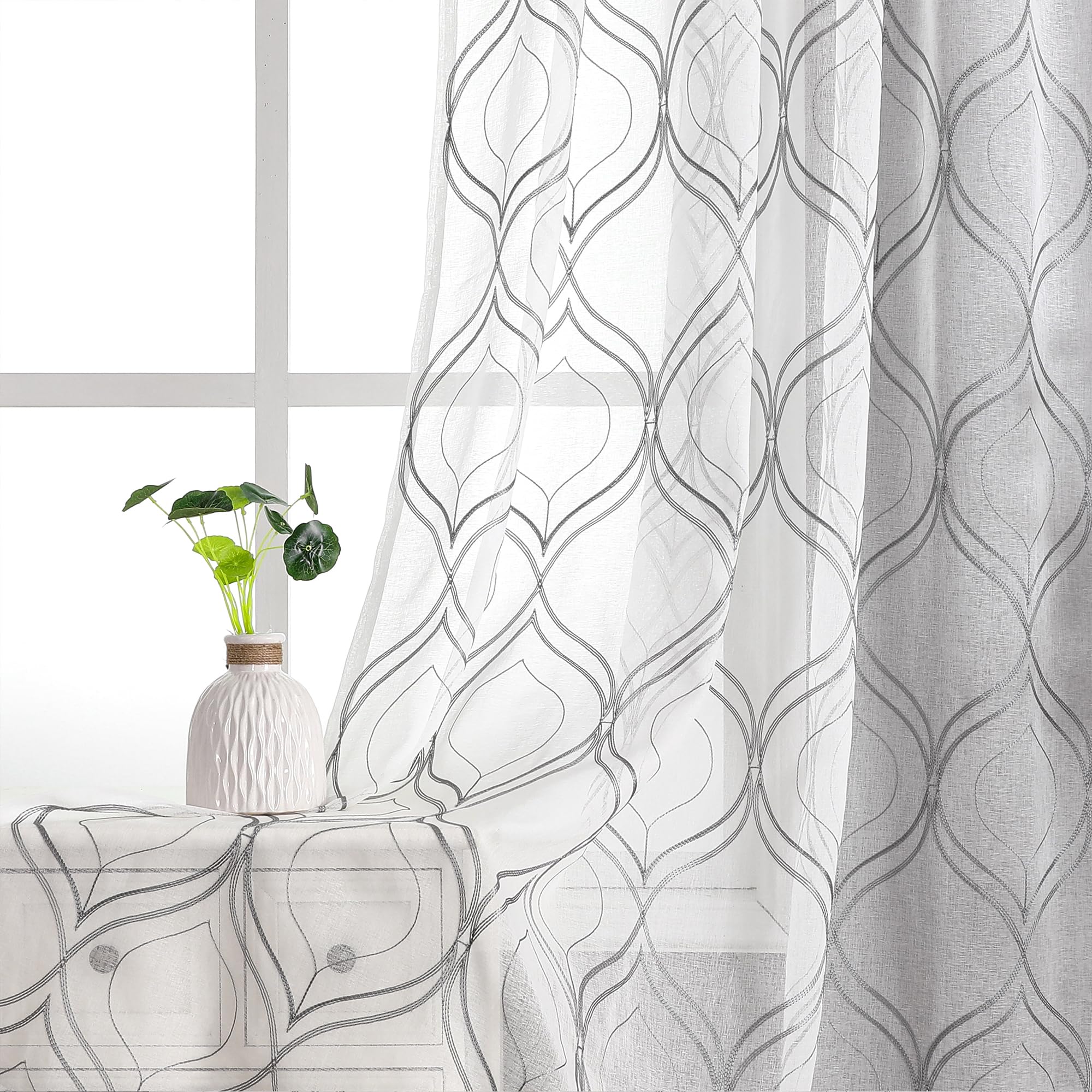 VISIONTEX White Sheer Curtains 84 Inches Long 2 Panels, Light Filtering Grey Moroccan Trellis Embroidered Semi Sheer Voile Drapes, Rod Pocket Textured Window Curtain for Bedroom Living Room 54W x 84L