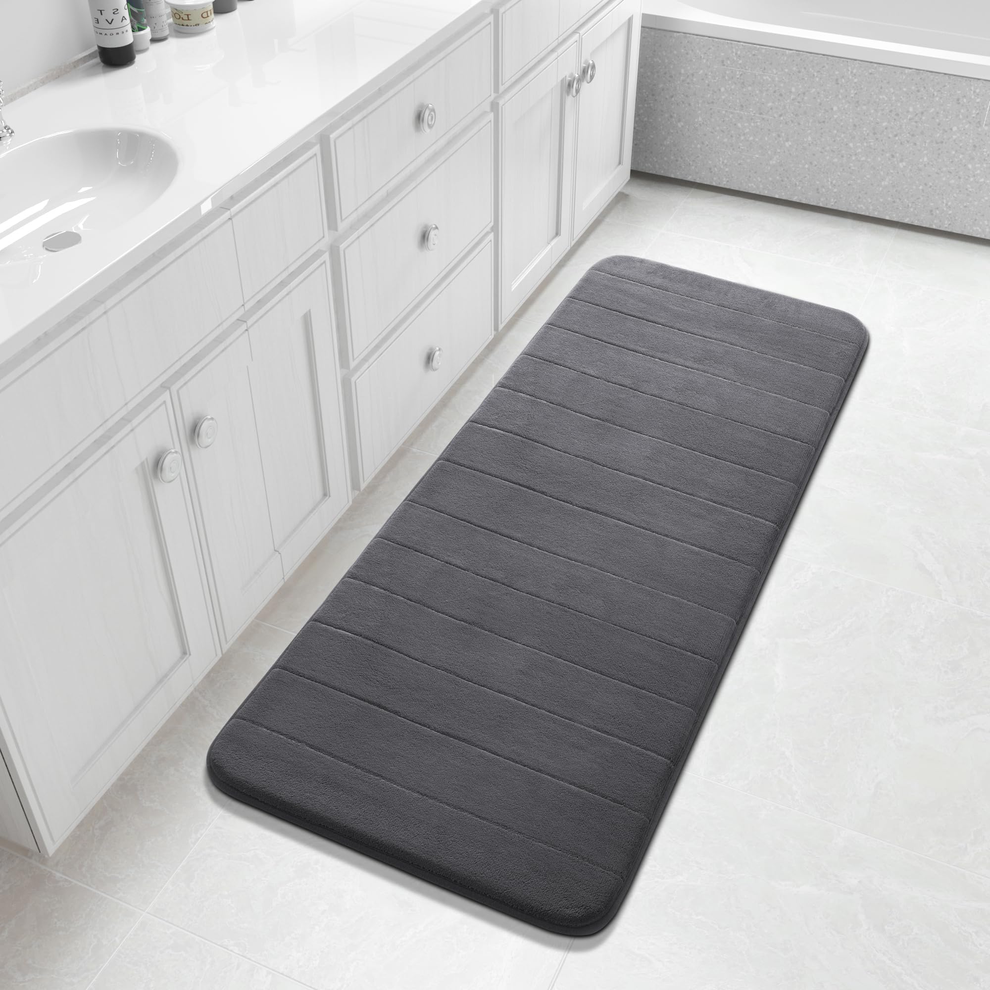 Yimobra Memory Foam Bath Mat, Super Soft Absorbent Bathroom Rug Non Slip, Quick Dry, Machine Washable Floor Carpet for Tub Shower, Home Decor Accessories, 24x17, Grey