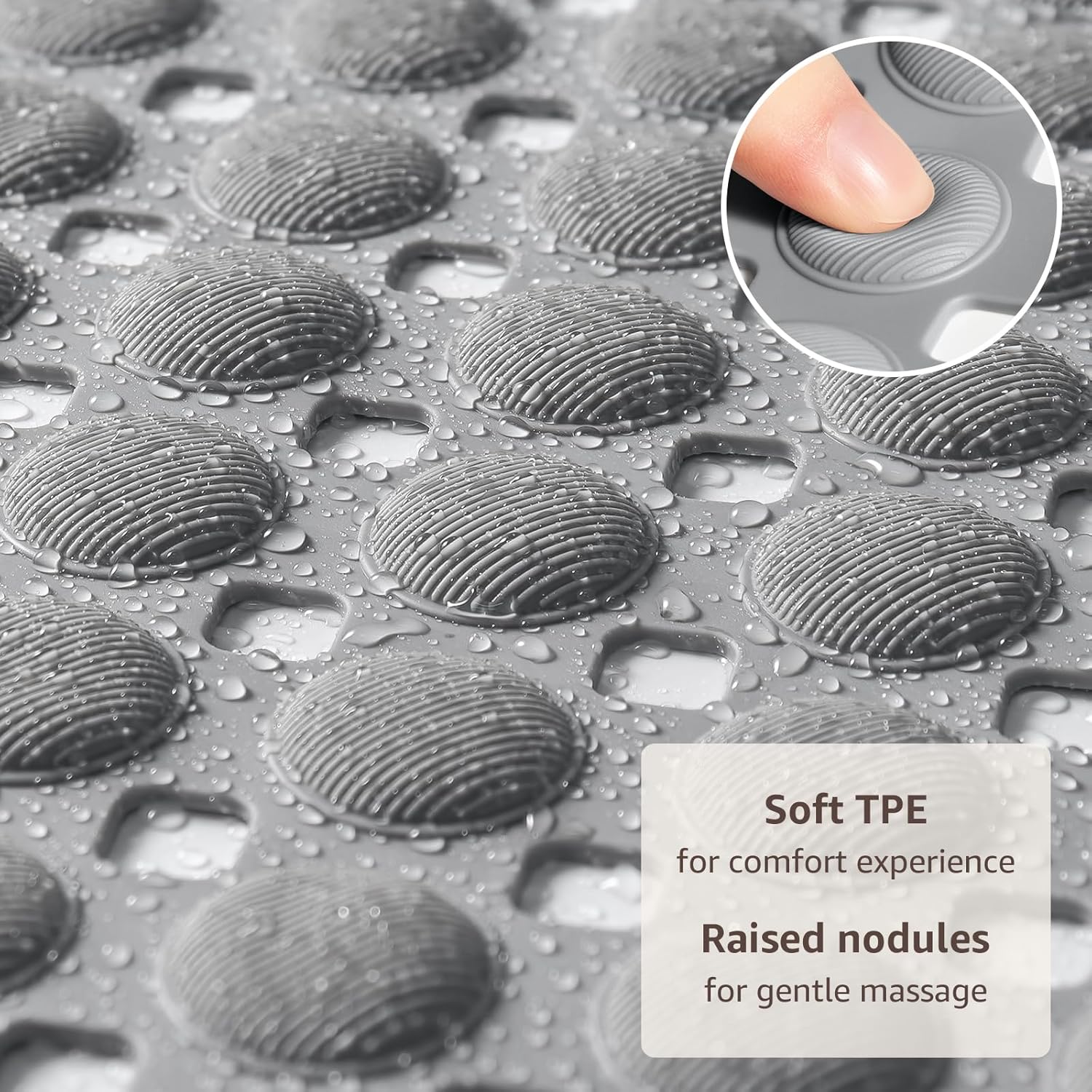 35x16 Inch Grey Non Slip Bathtub Shower Mat with Suction Cups Drain Holes Foot Scrubber Machine Washable Bathroom Floor Liner