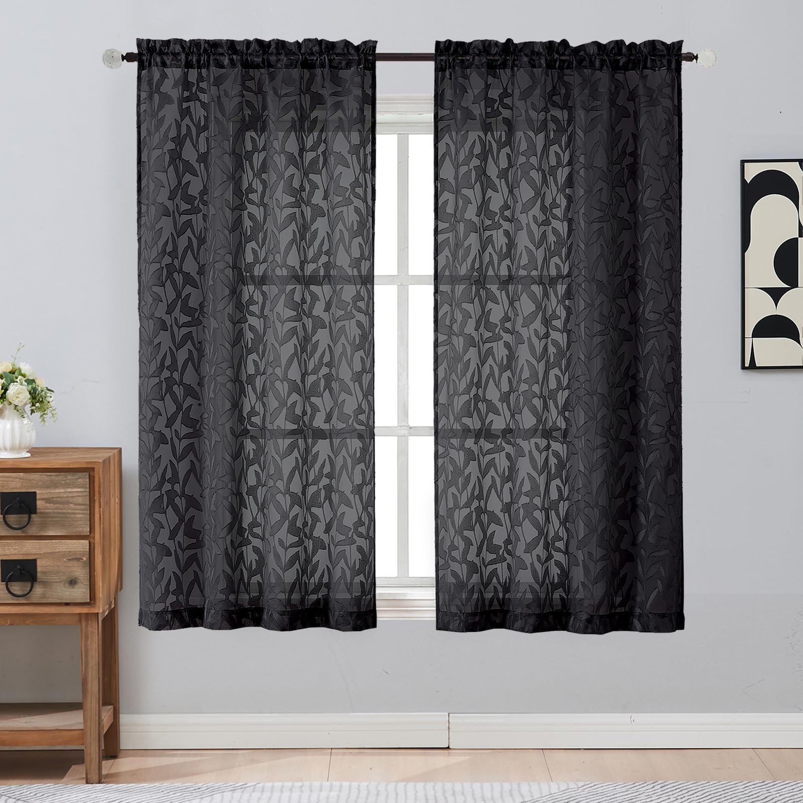 Gwine Sage Green Curtains 84 Inches Long 2 Panels Set, Light Filtering Soft Lightweight Sheer Curtains, Leaf Clip Jacquard Textured Curtain for Bedroom Living Room, 42Wx84L Inches, 2PCS