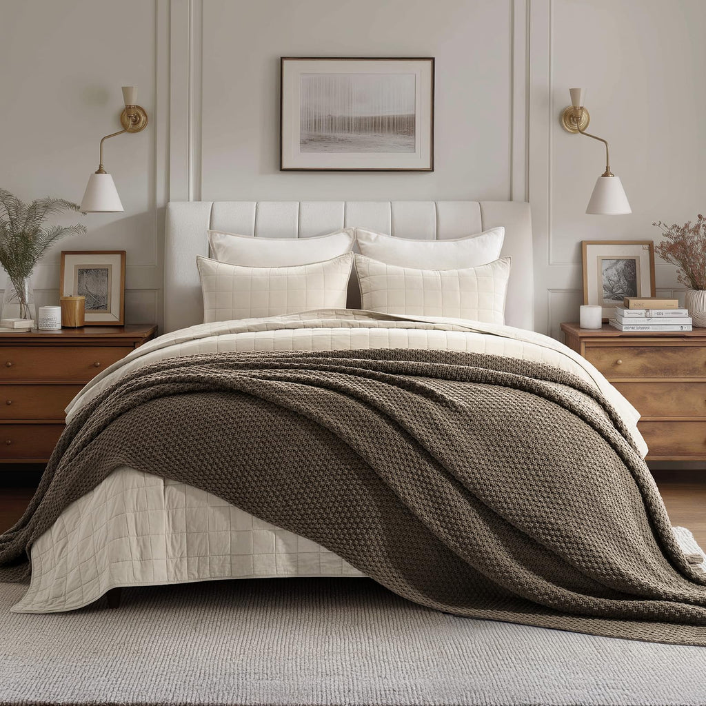 EVERGRACEHOME Chunky Chenille Knit Throw Blanket for Couch, Soft Luxurious Moss Stitch Blankets for Bed, Cozy Decorative Farmhouse Knitted Throws for Sofa, Sand Dune, 60" x 80"