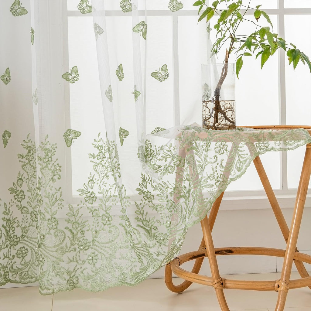 VISIONTEX 2 Panels Sheer Curtains 84 Inches Long, Cream Beige Floral Leaf Embroidered Semi Sheer Voile Curtains, Rod Pocket Light Filtering Window Drapes for Bedroom Living Room 54W x 84L