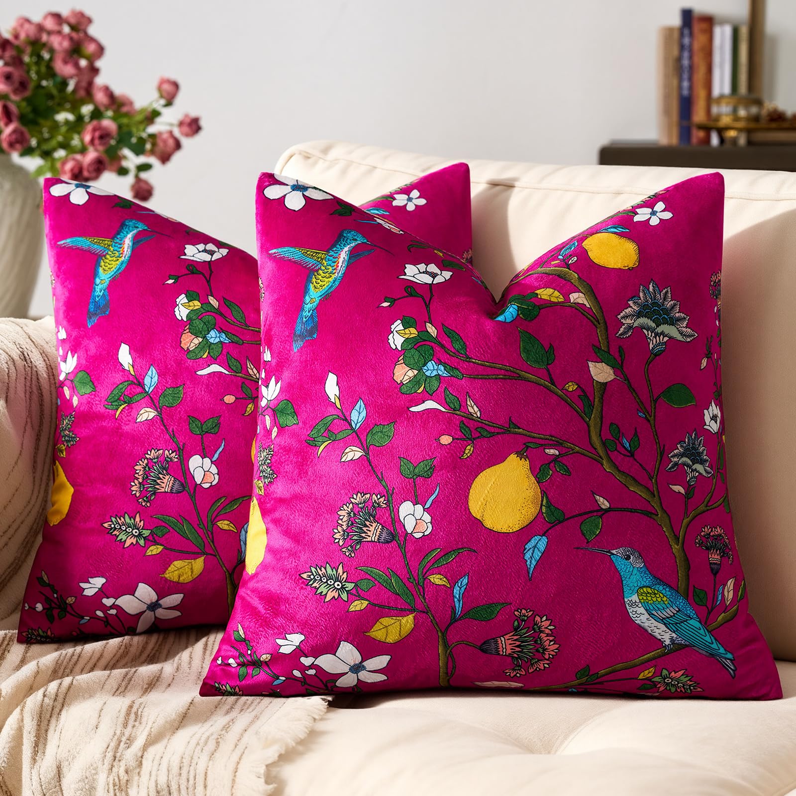 Mustard Yellow Floral Pillow Covers 18x18 Set of 2, Velvet Wild Flower Plant Throw Pillows Case, Square Farmhouse Decor Cushion Covers for Home Sofa Bed Couch