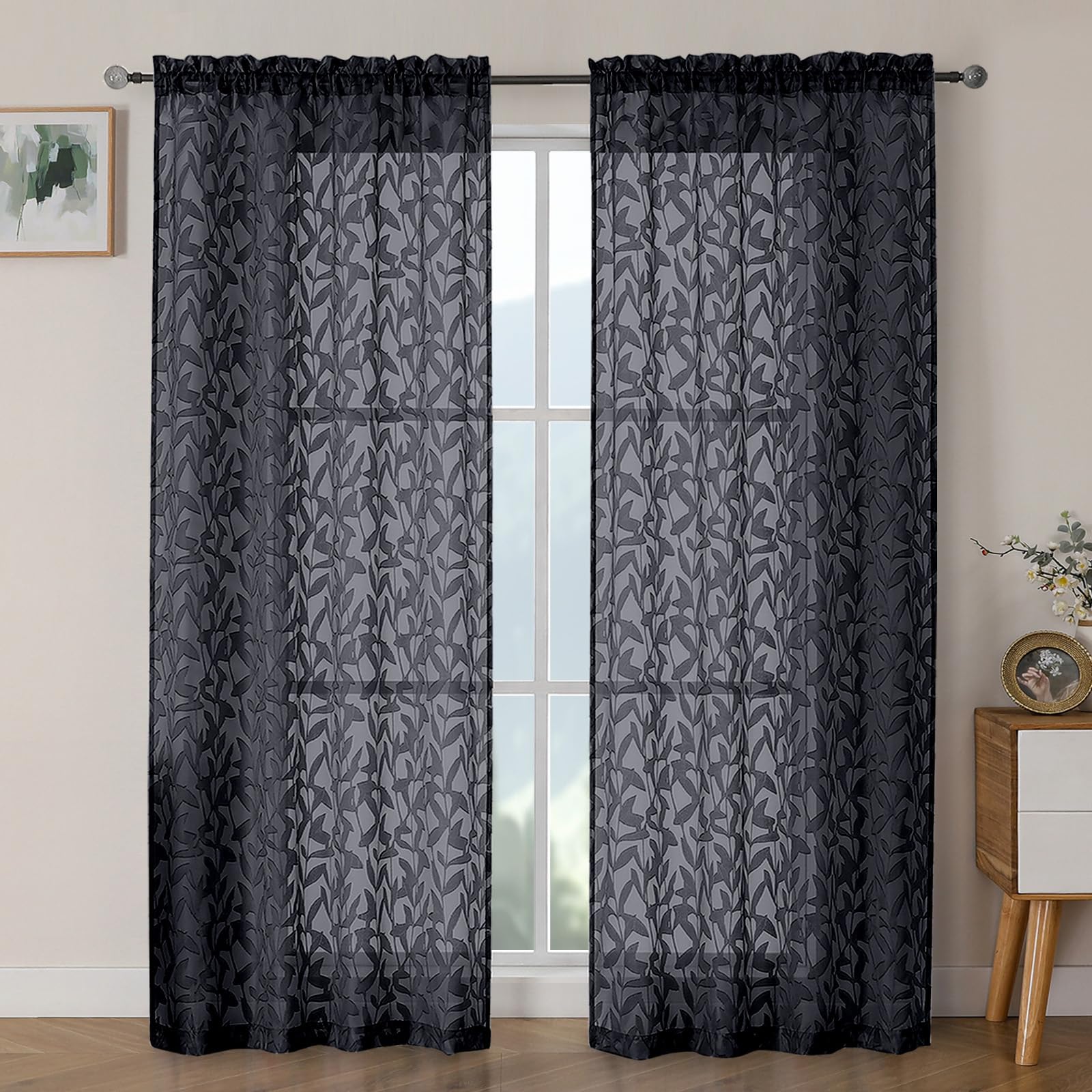 OWENIE Leyna 2 Panels Sage Green Sheer Curtains 63 Inch Length for Bedroom, Soft Lightweight Jacquard Clip Window Curtain for Living Room, Double Rod Pockets Textured Drapes, Each 40Wx63L Inches