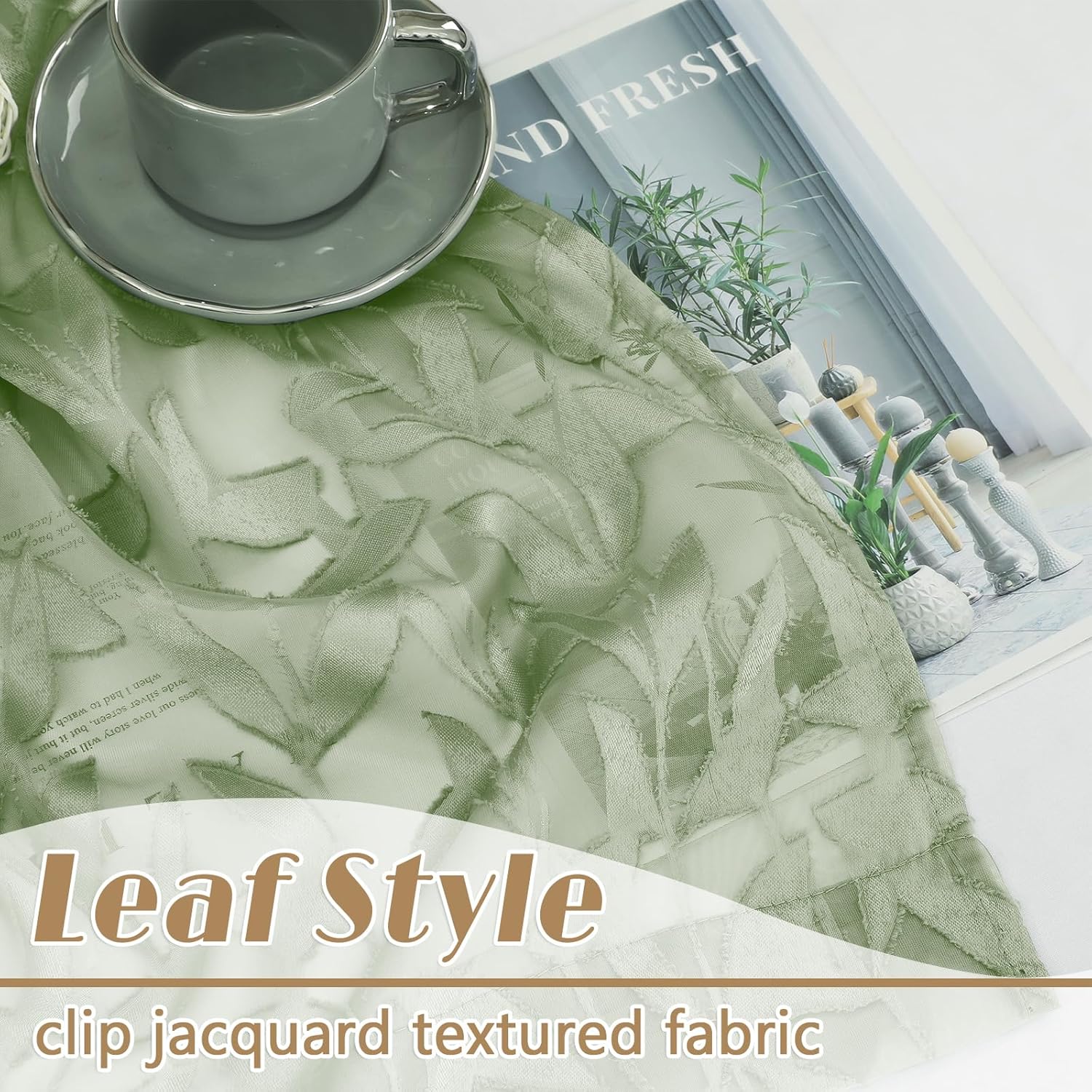 Gwine Sage Green Curtains 84 Inches Long 2 Panels Set, Light Filtering Soft Lightweight Sheer Curtains, Leaf Clip Jacquard Textured Curtain for Bedroom Living Room, 42Wx84L Inches, 2PCS